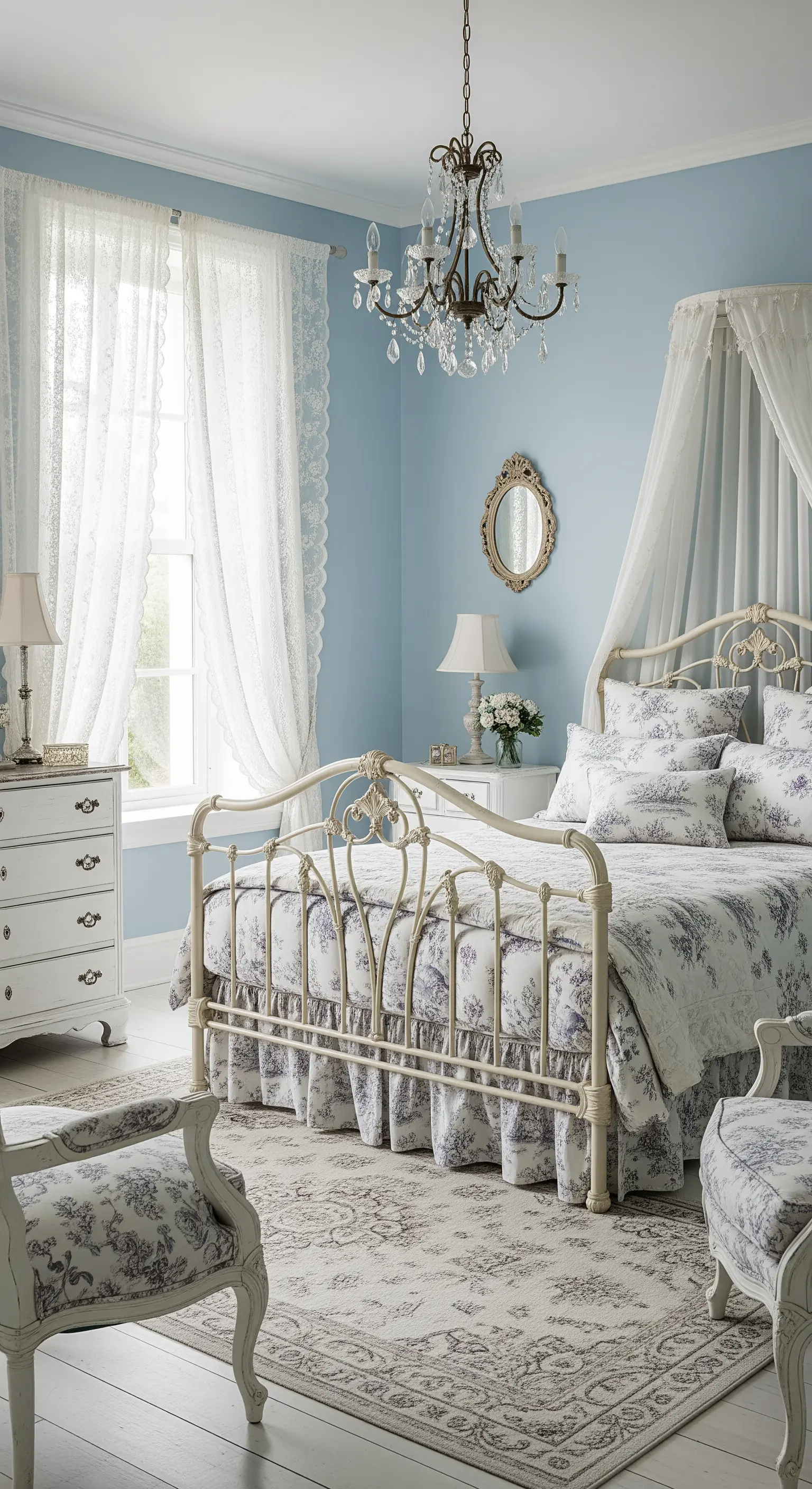 Camera da letto romantica con pareti azzurro polvere e letto in ferro battuto.