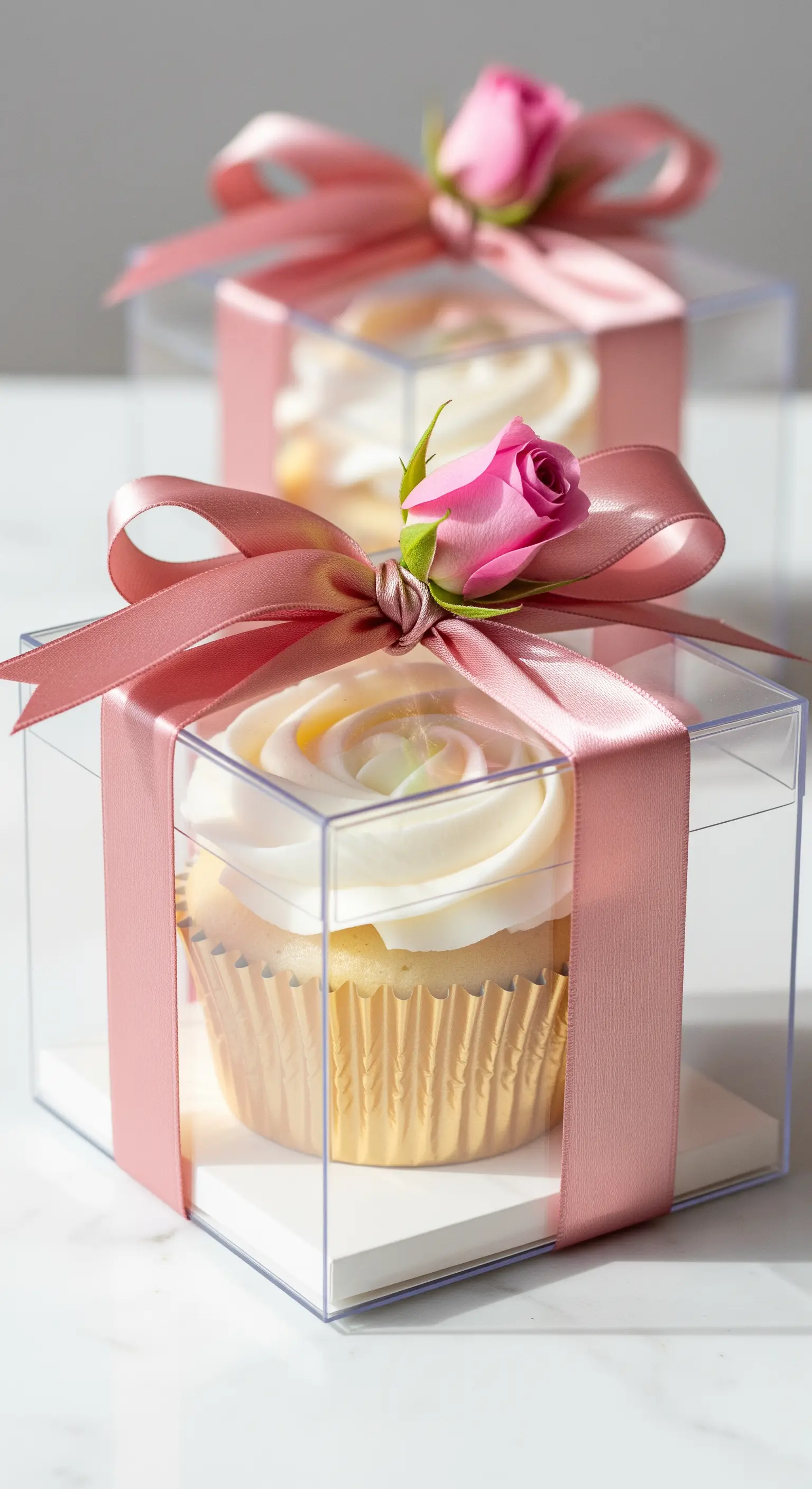 Cupcake in scatola trasparente con nastro di raso rosa e un bocciolo di rosa fresca.