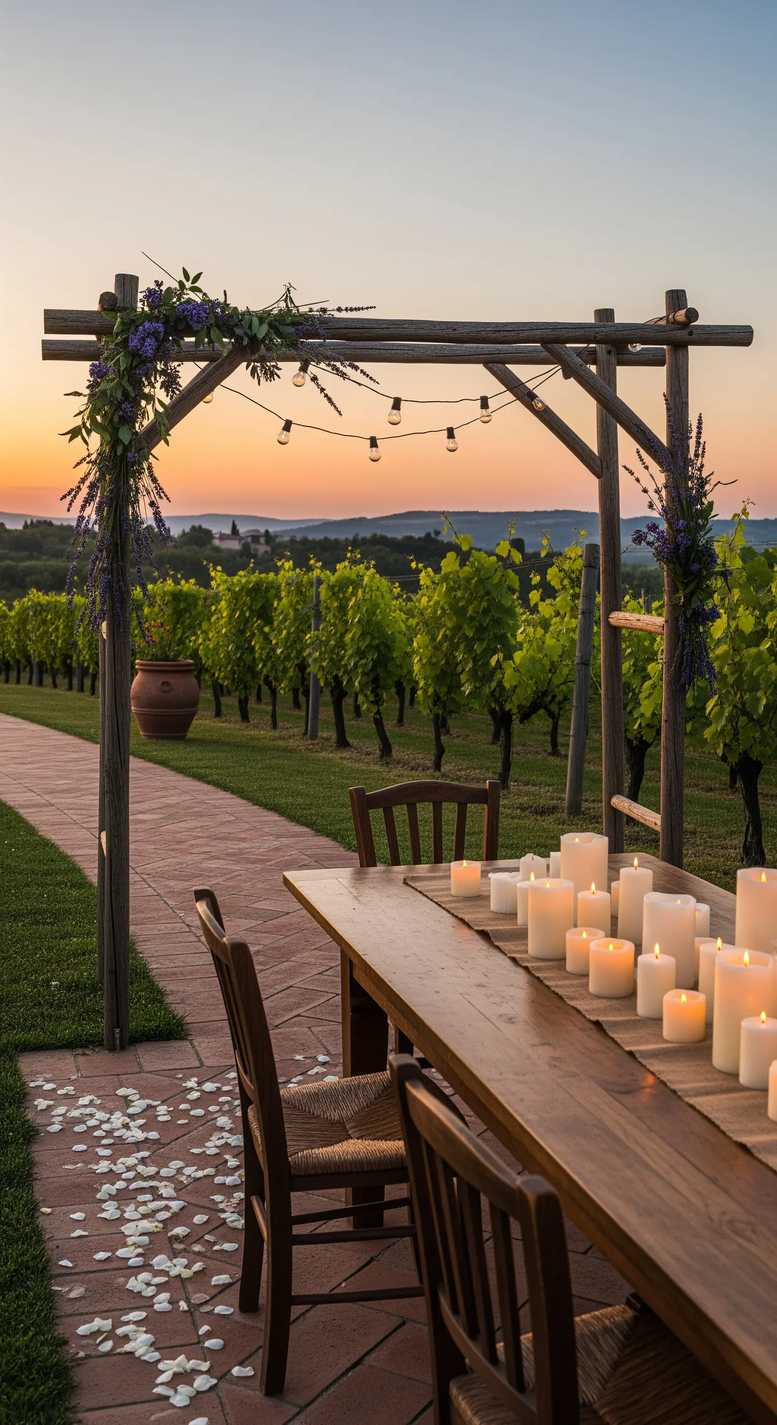 Tavolo in legno con candele in un vigneto al tramonto, sotto un arco decorato.