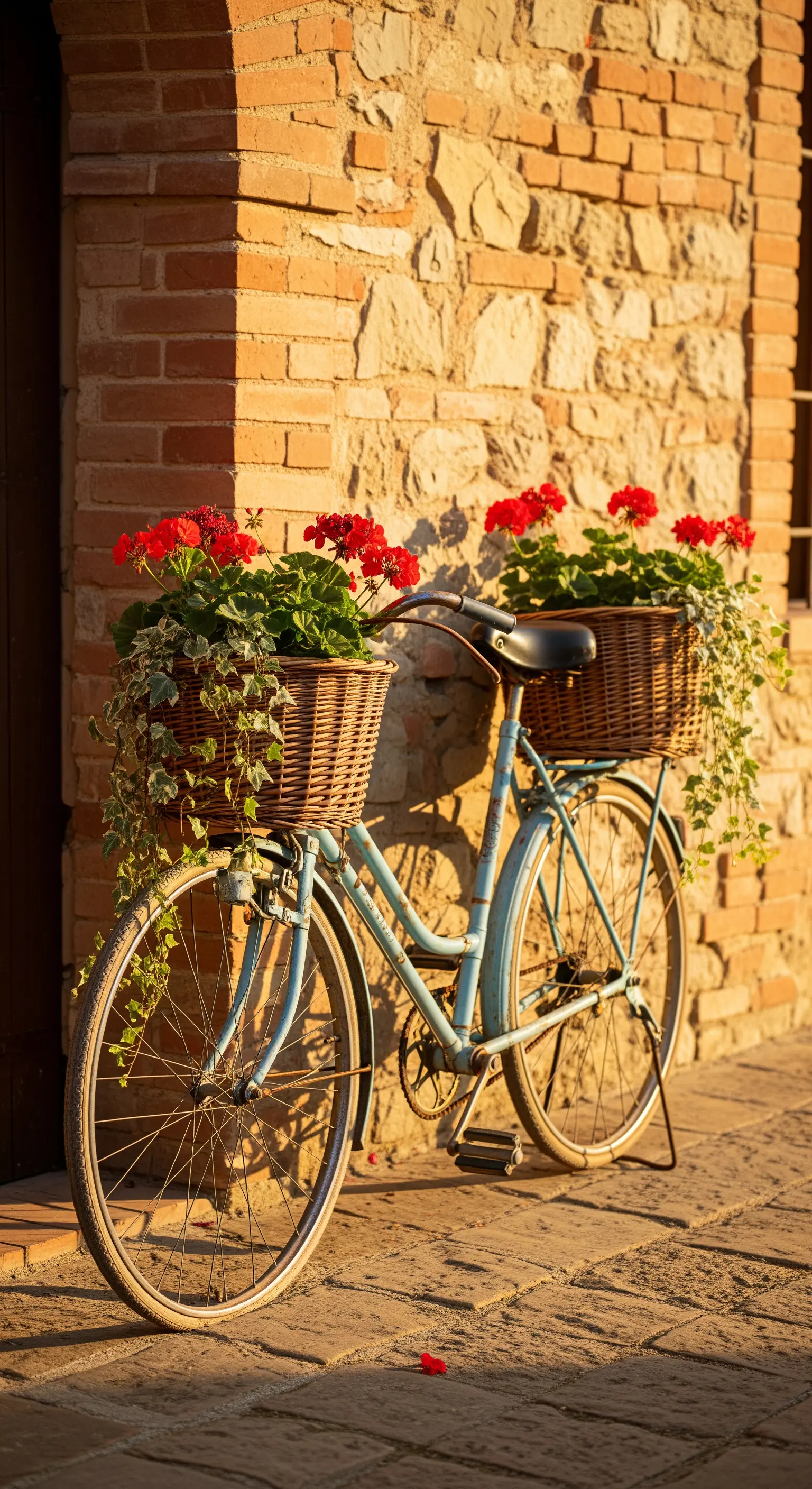 Bicicletta celeste vintage con cesti di gerani rossi appoggiata a un muro di mattoni.
