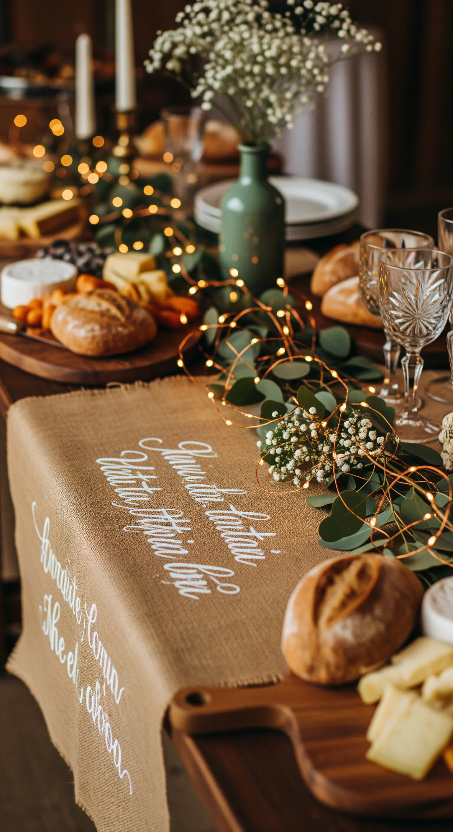 Runner di juta personalizzato con scritte bianche calligrafiche e luci a filo di rame.