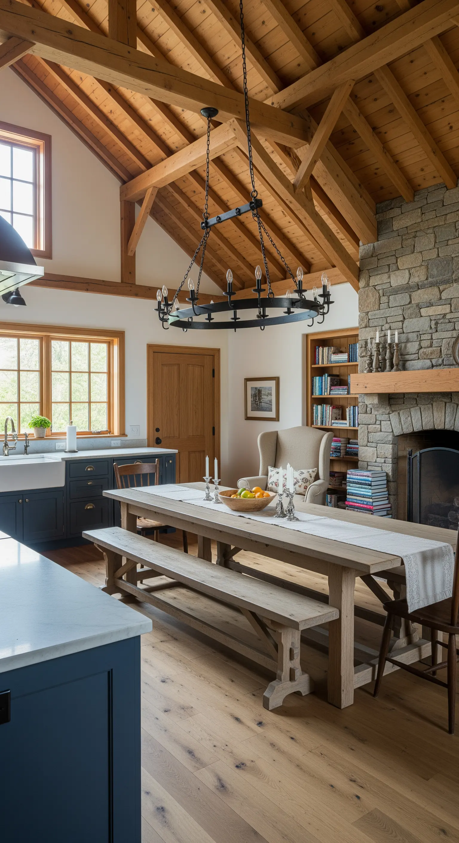 Ampia cucina rustica con camino in pietra, tavolo in legno chiaro e soffitto con travi a vista.