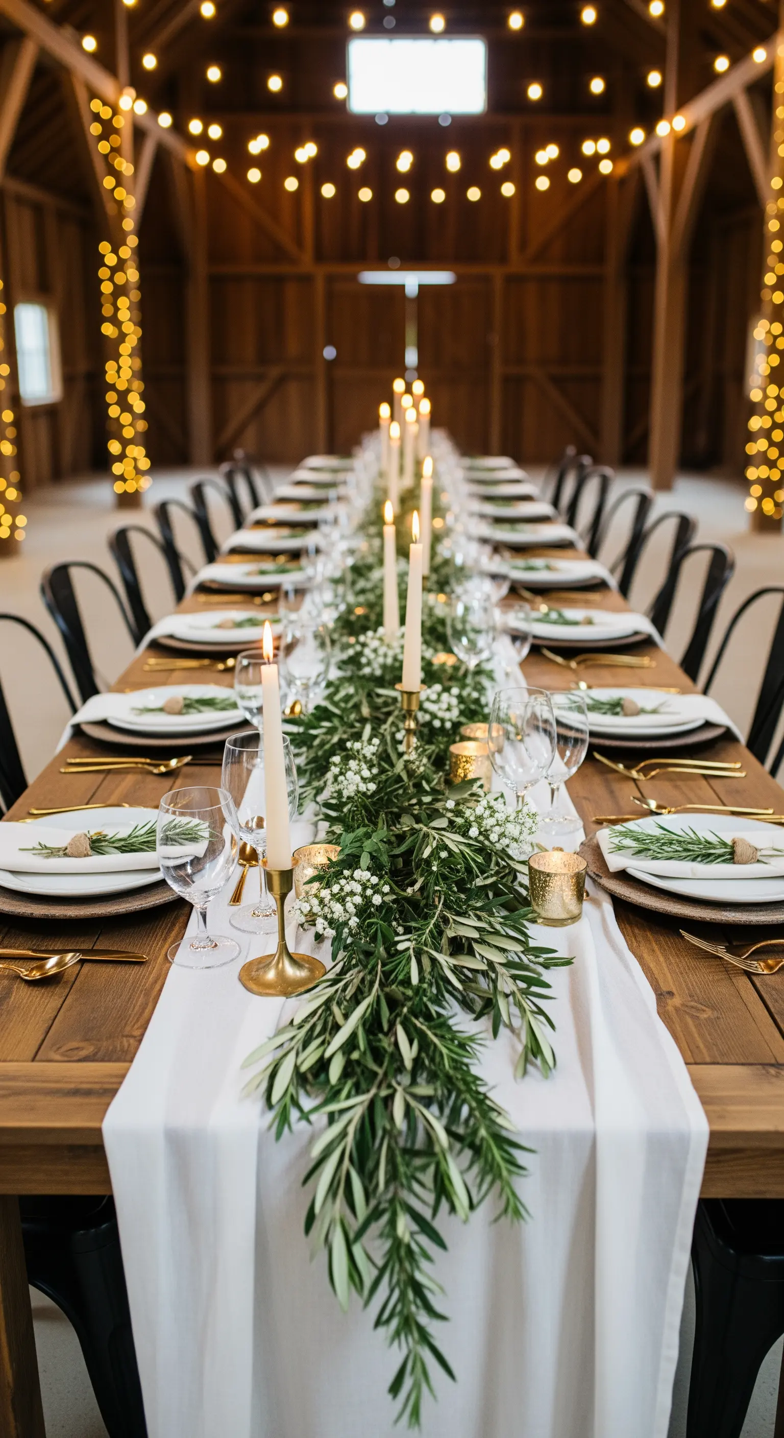 Tavola rustica in un fienile con runner di foglie d'ulivo, candele e posate dorate.