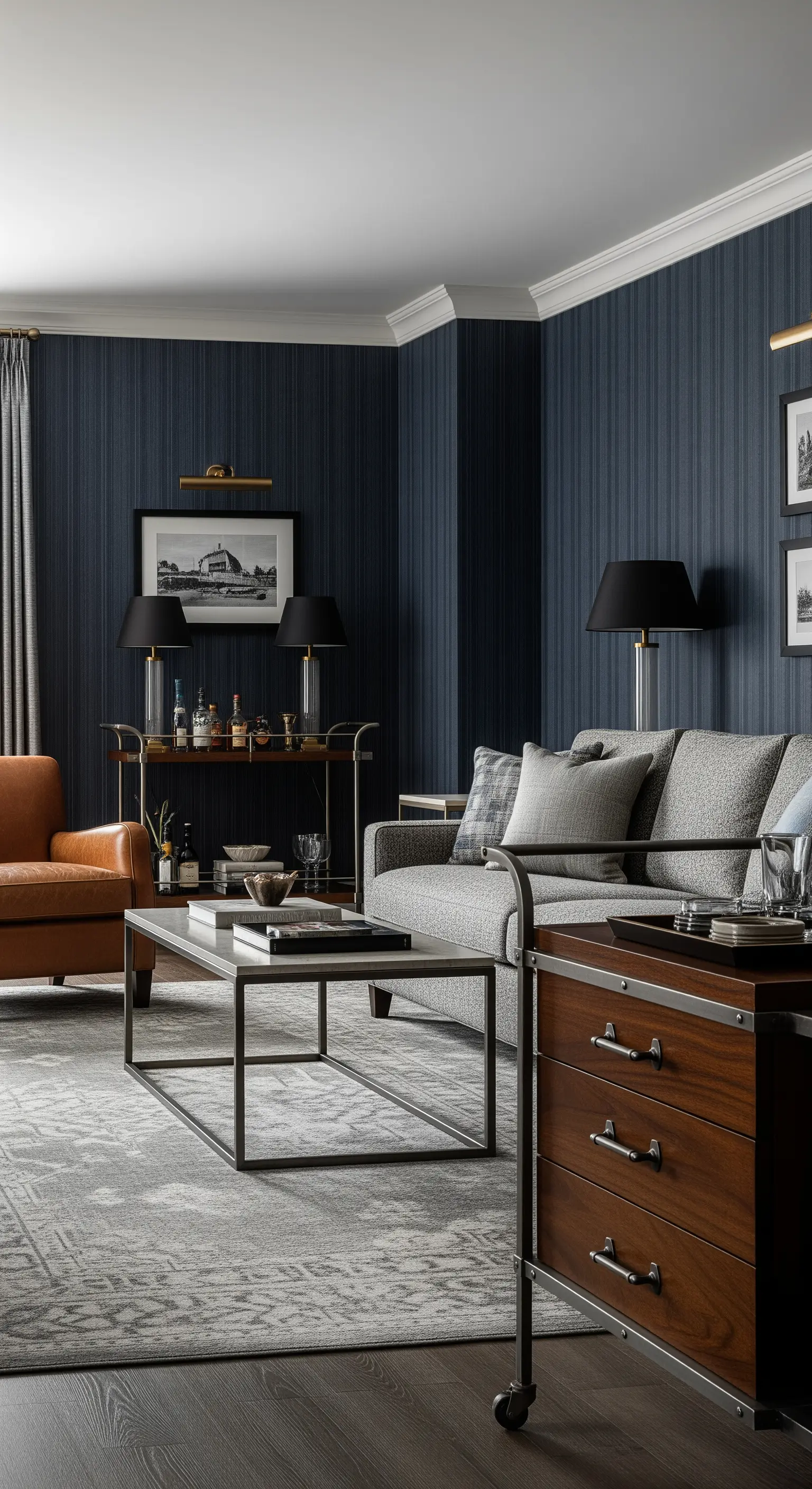 Salotto maschile con carta da parati a righe blu, divano grigio e dettagli in legno scuro.