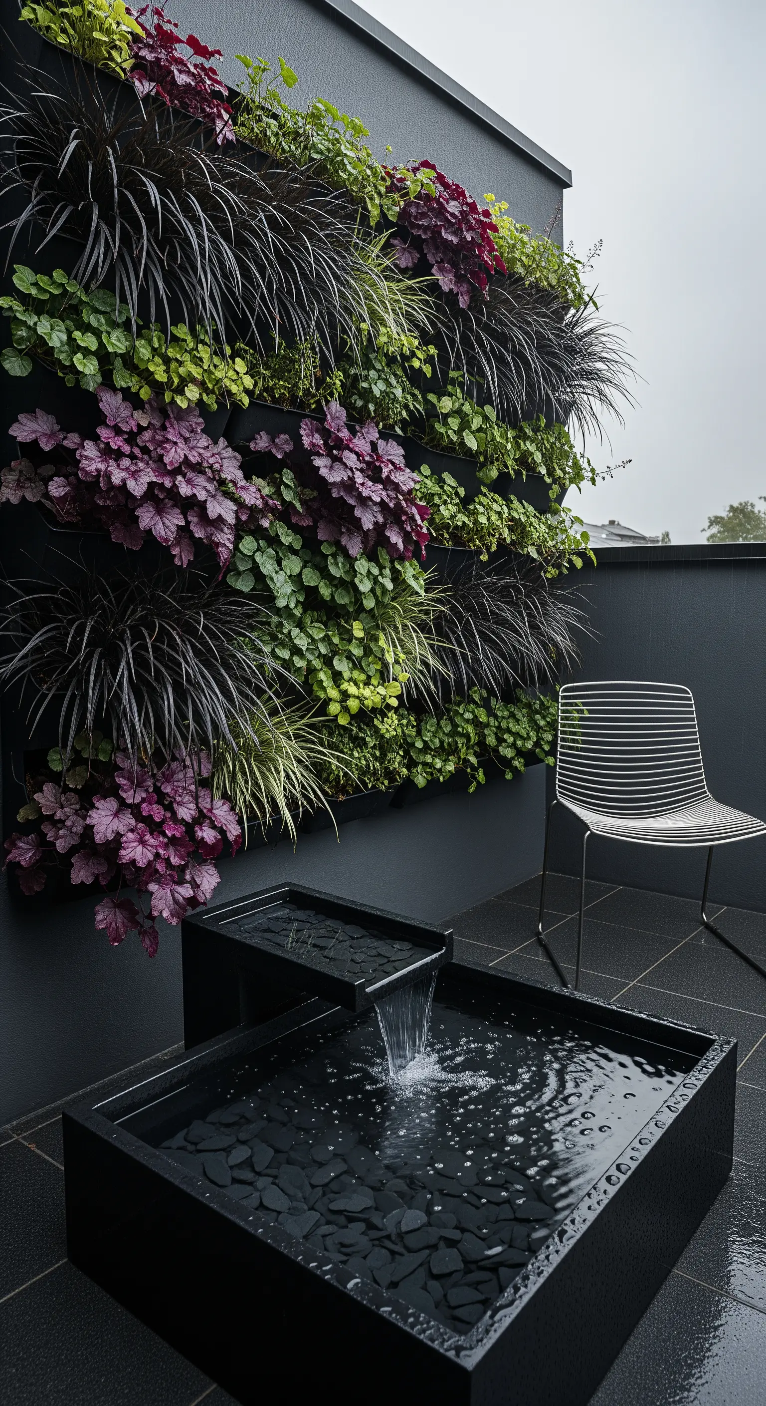Balcone moderno con parete verticale scura, fogliame viola e una fontana nera a cascata.