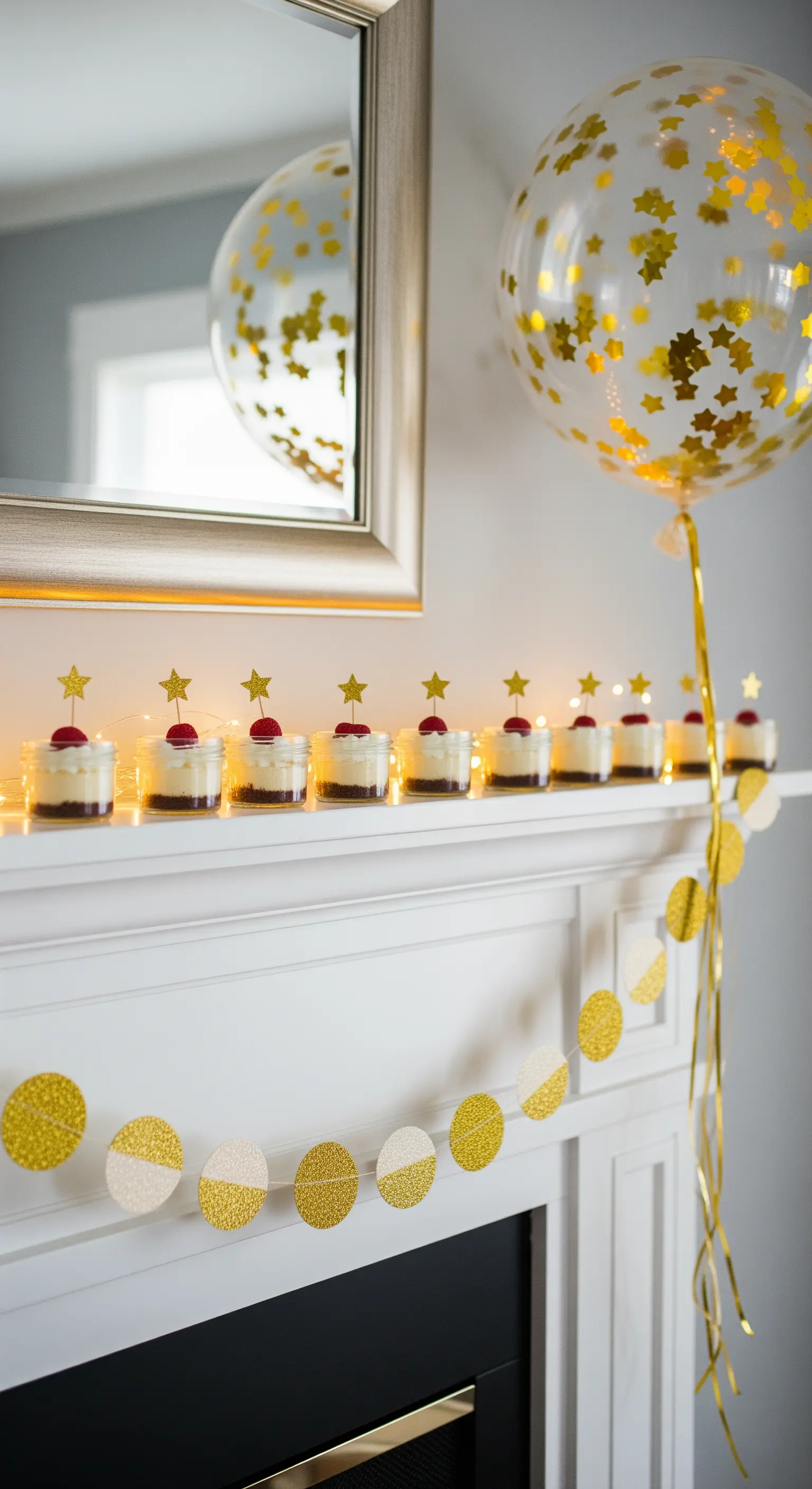 Mensola del camino decorata con ghirlanda dorata, mini dessert e un palloncino con stelle.