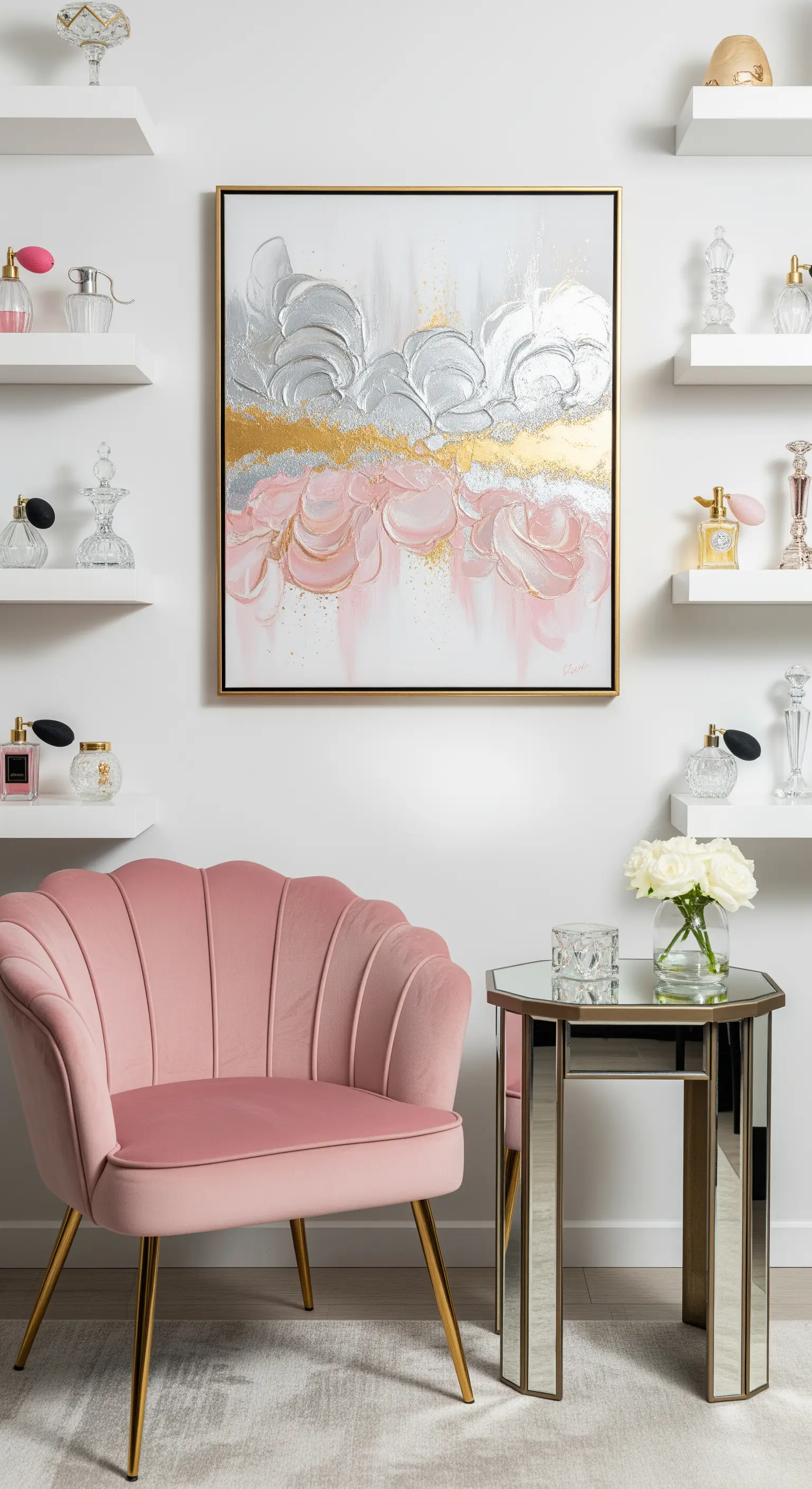 Angolo con mensole bianche e profumi, poltrona in velluto rosa e quadro astratto glitterato.