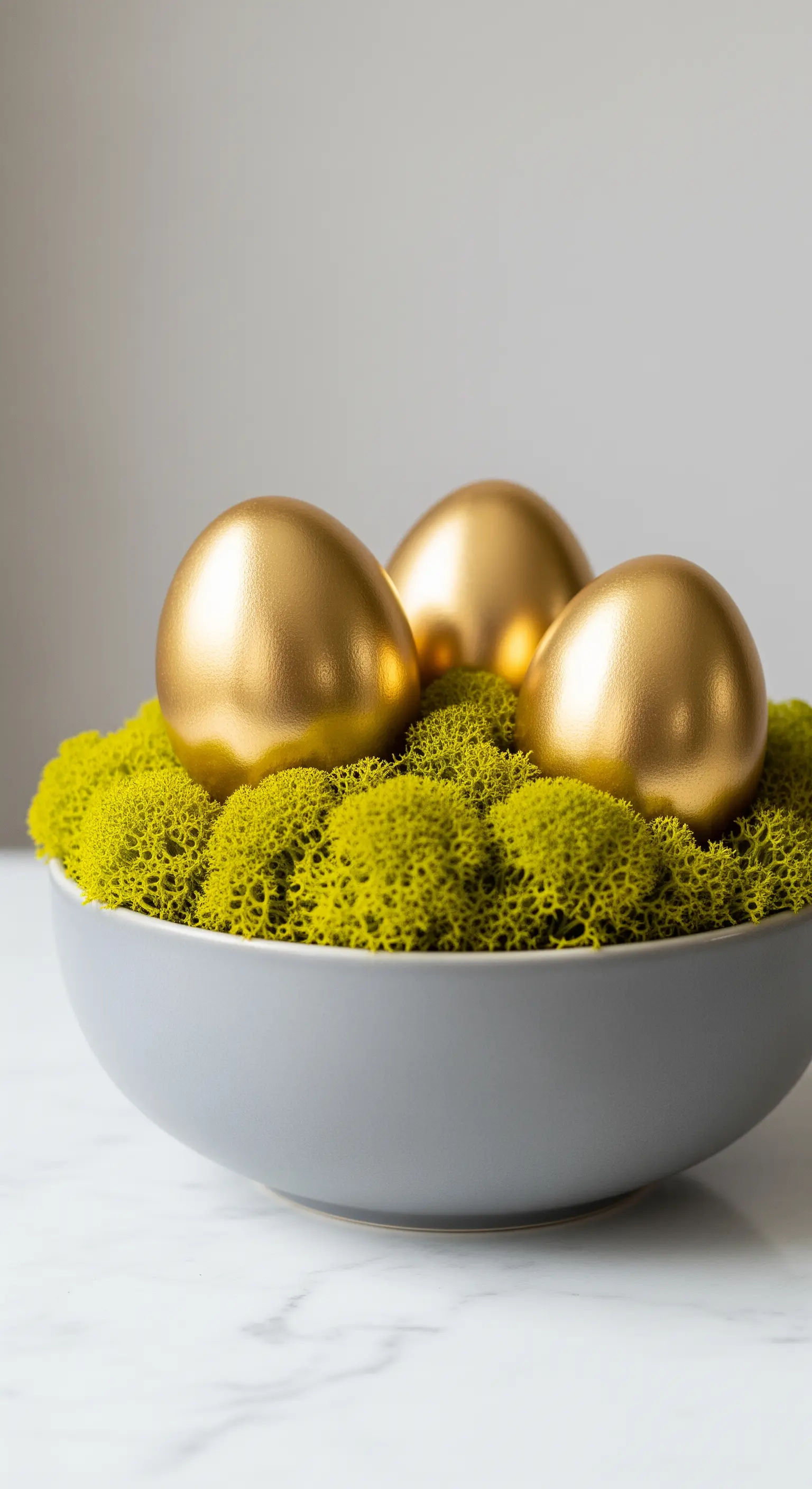 Ciotola moderna in ceramica grigia con muschio verde acido e tre uova dorate.