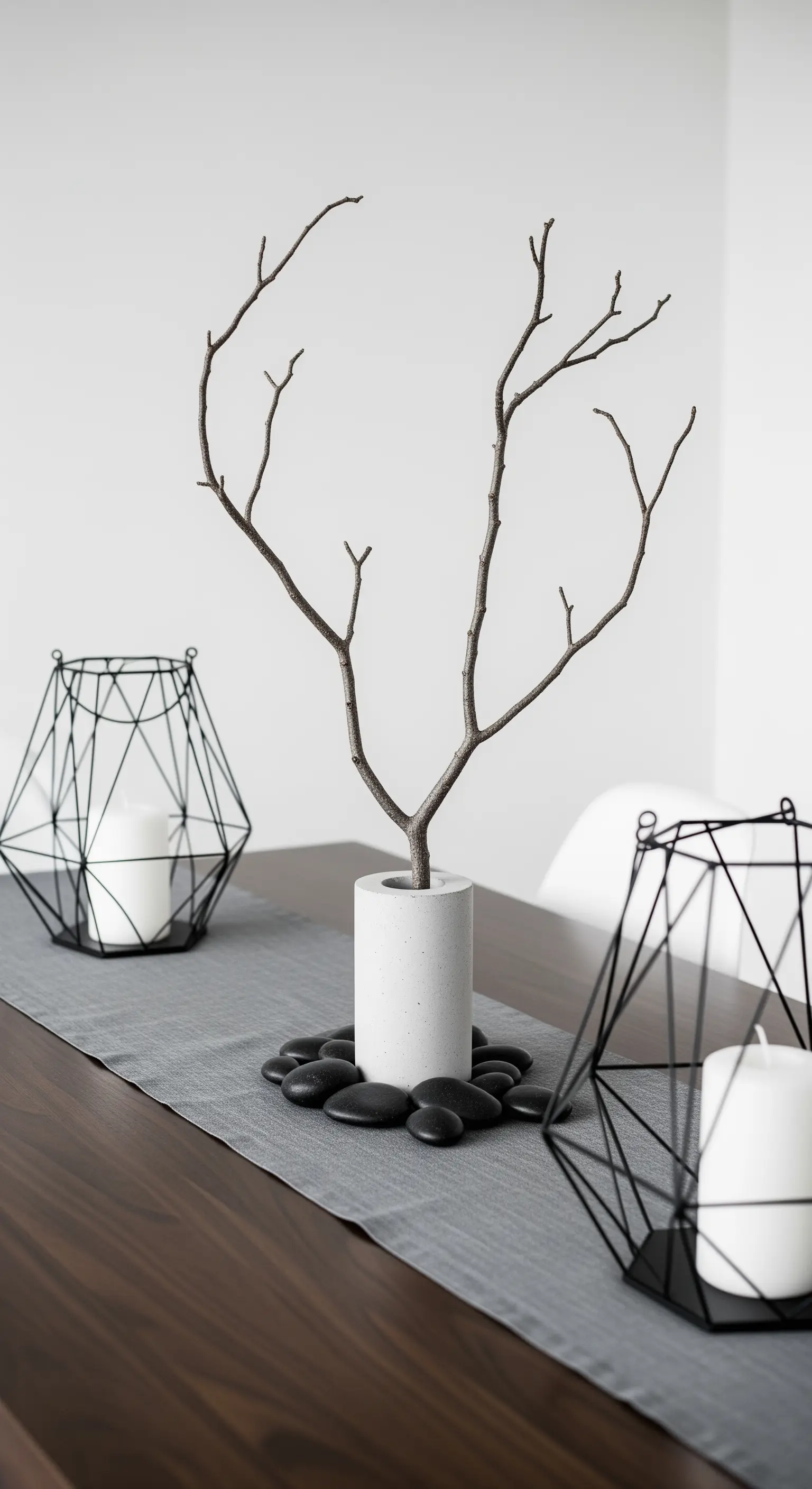 Centrotavola minimalista con ramo secco, pietre nere e lanterne geometriche.