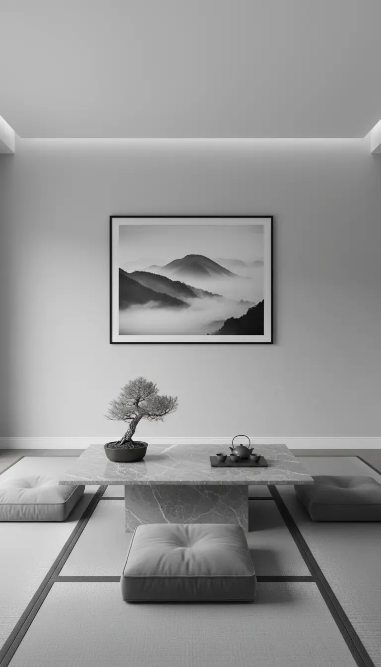 Salotto zen monocromatico con tavolo scultoreo in marmo grigio e fotografia di un paesaggio.