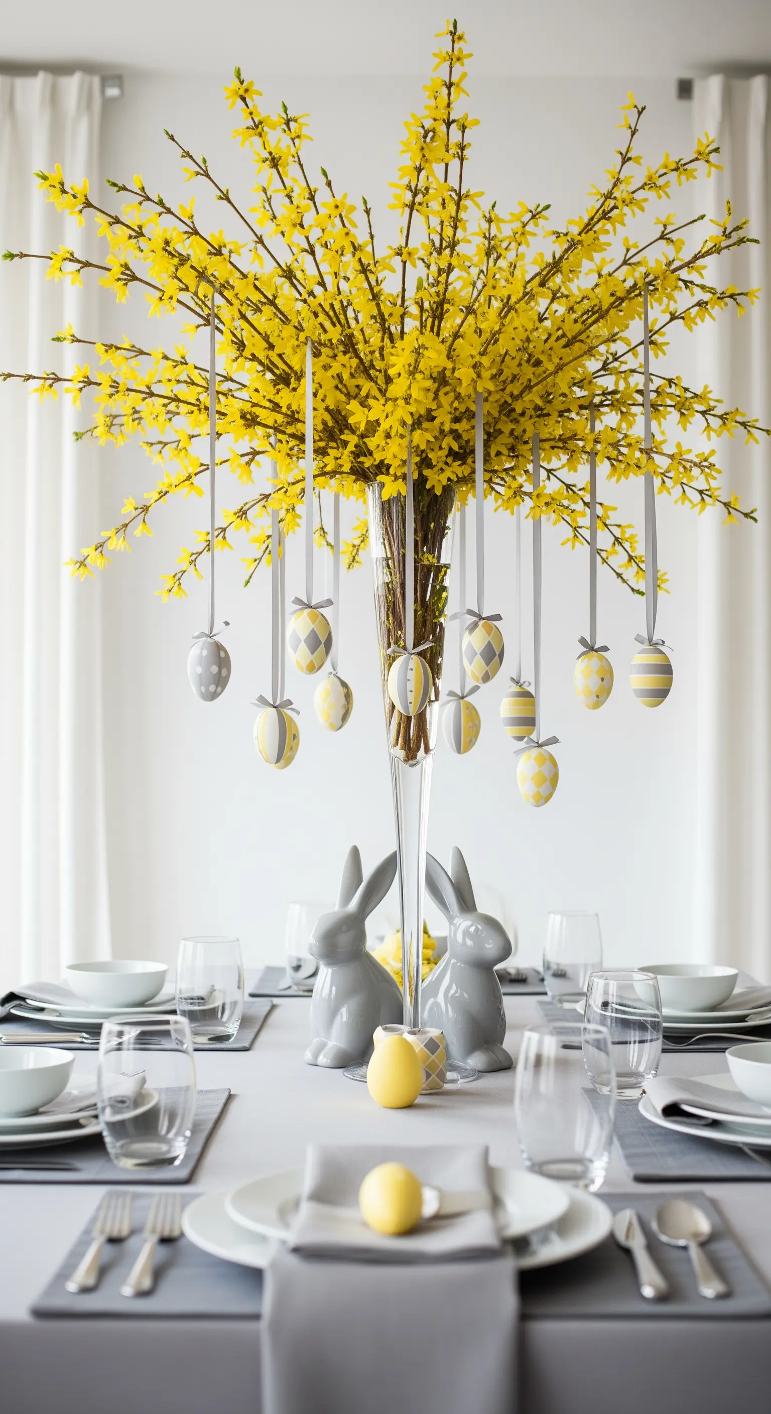 Centrotavola pasquale con rami di forsizia in un vaso alto e uova decorate appese