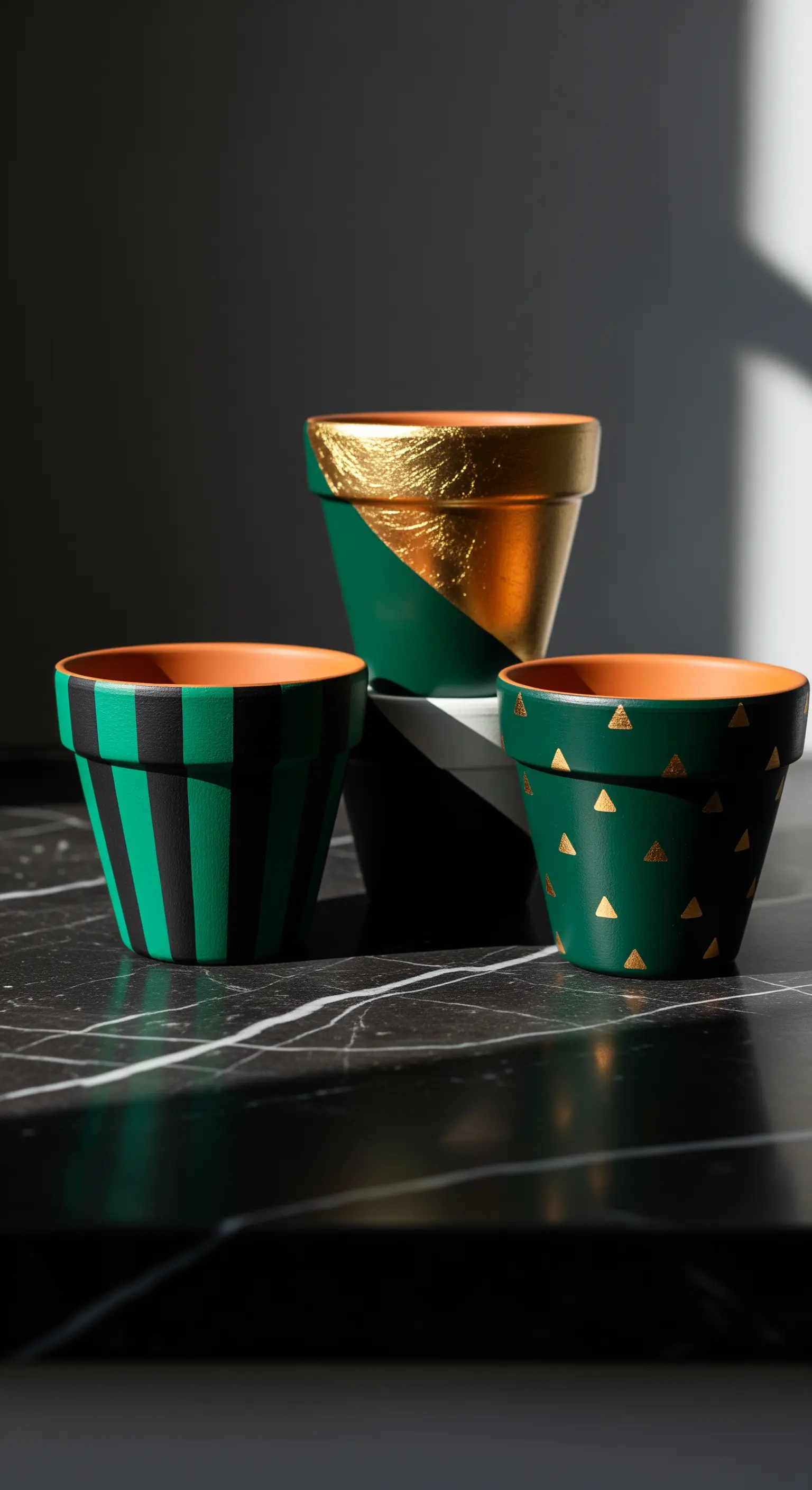 Tre vasi di terracotta dipinti in verde scuro e nero con dettagli dorati, su un piano di marmo.