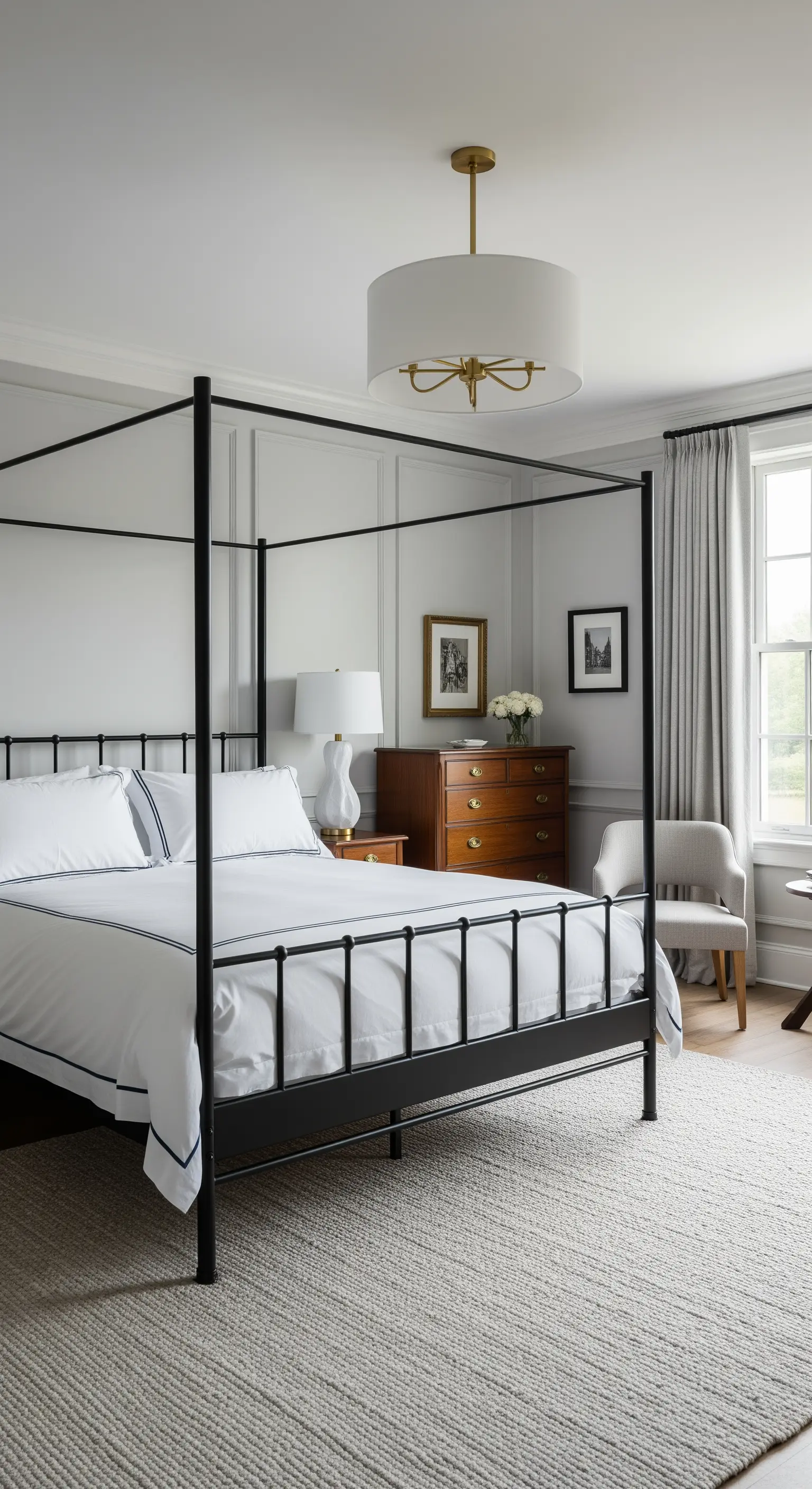 Letto a baldacchino nero in una camera da letto tradizionale con boiserie e cassettone in legno.