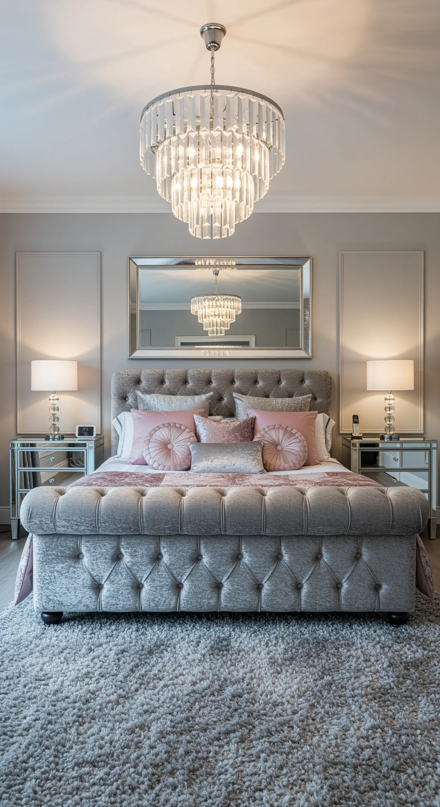 Camera da letto elegante con letto capitonné grigio, lampadario di cristallo e tappeto a pelo lungo.