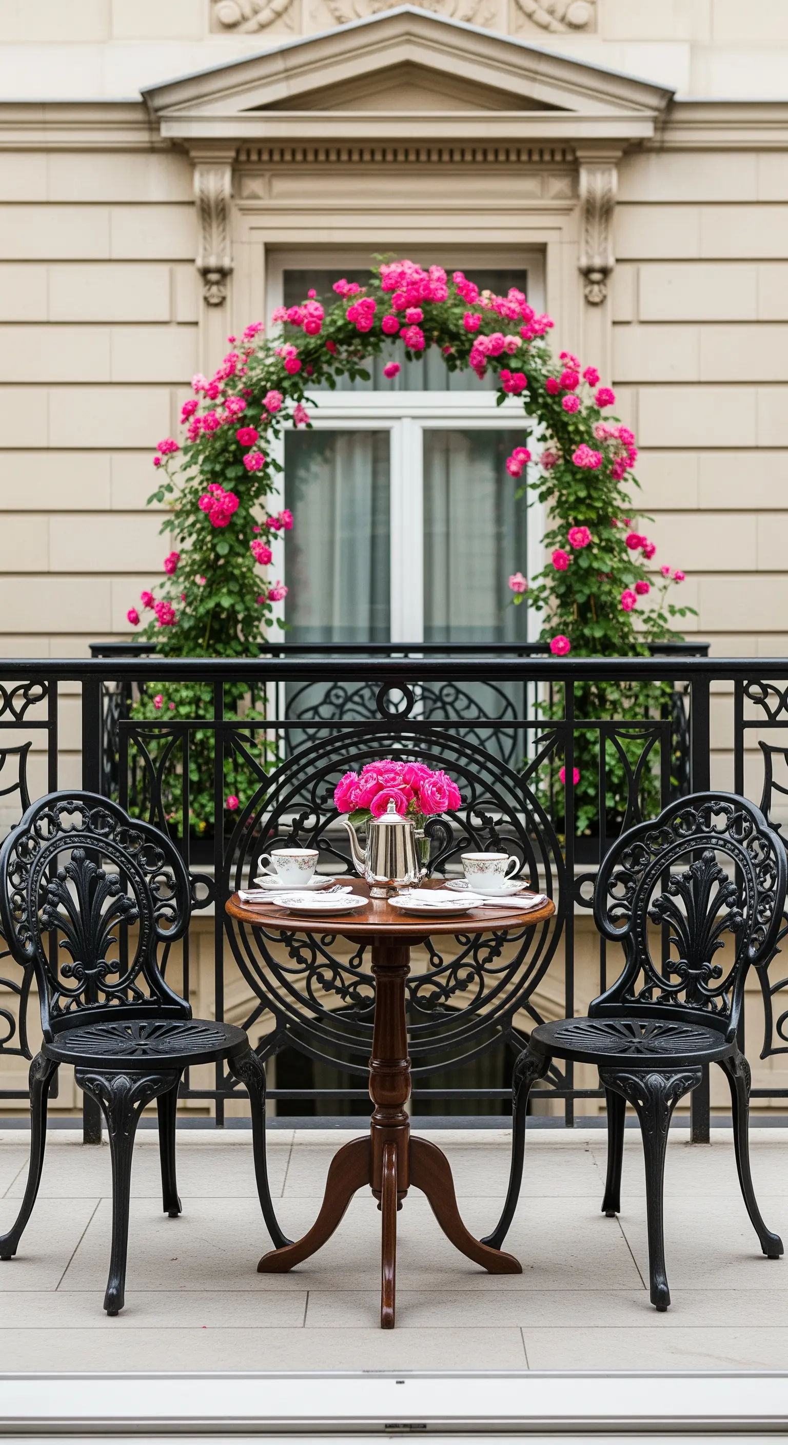 Allestimento simmetrico con due sedie nere e un tavolo davanti a una finestra con arco di rose