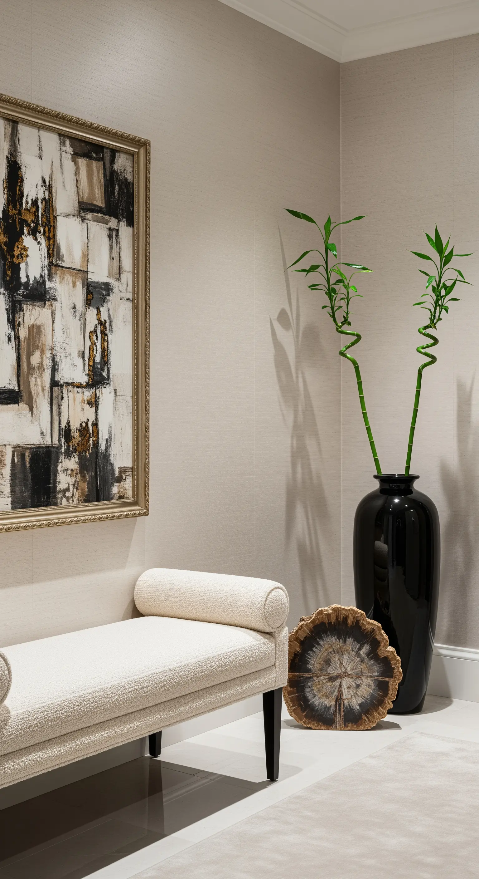 Angolo elegante con panca in tessuto bouclé, quadro astratto e vaso nero con steli di bambù.