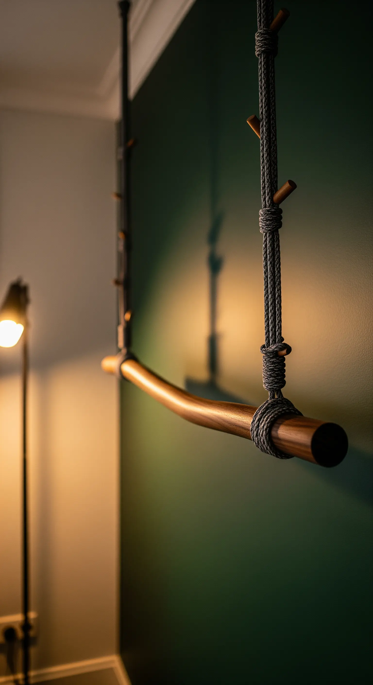 Ramo curvo in legno scuro sospeso al soffitto, con ganci aggiuntivi lungo la corda.