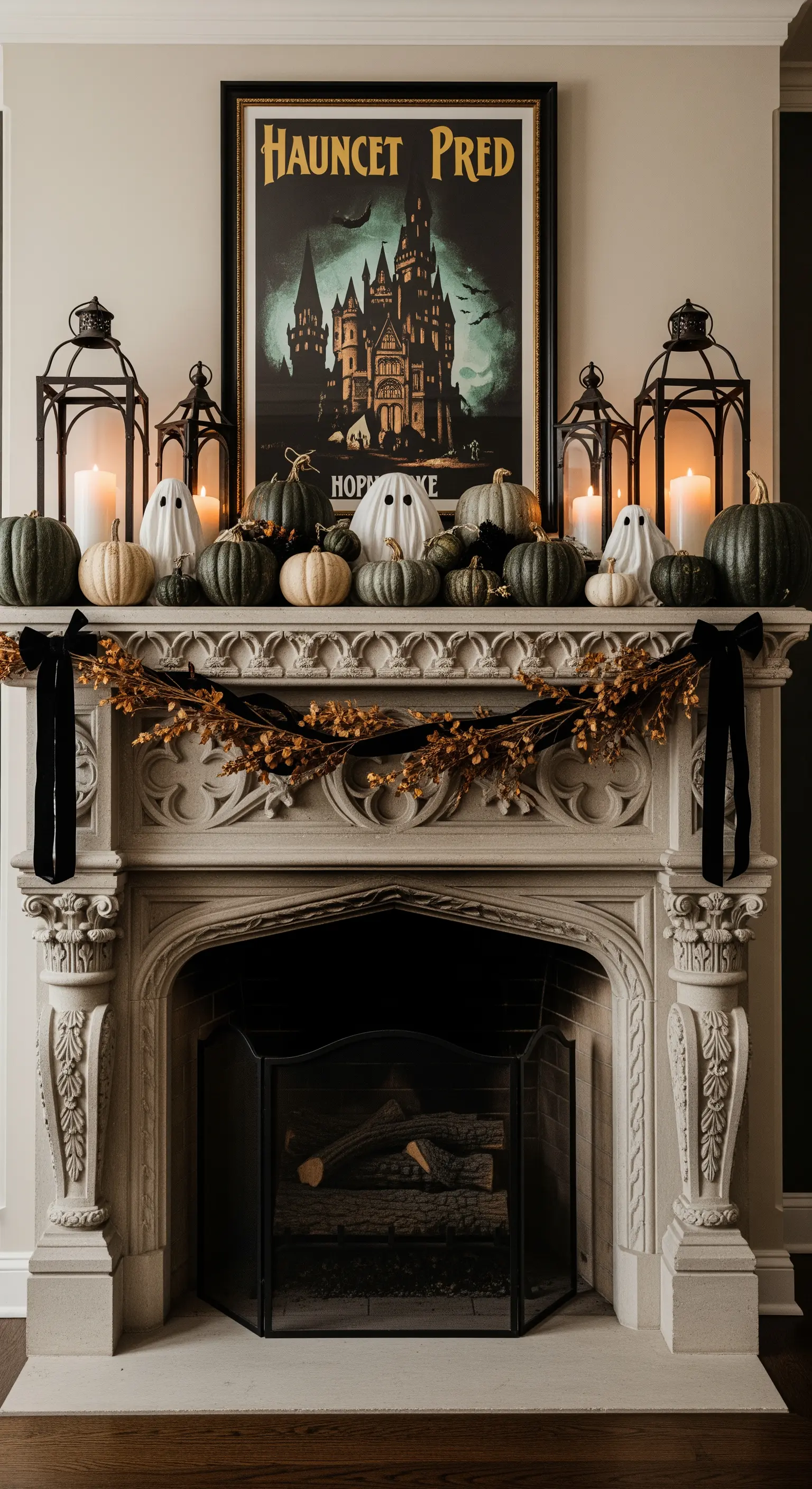 Camino in pietra decorato con zucche color salvia, fantasmi in ceramica, lanterne e un poster gotico.