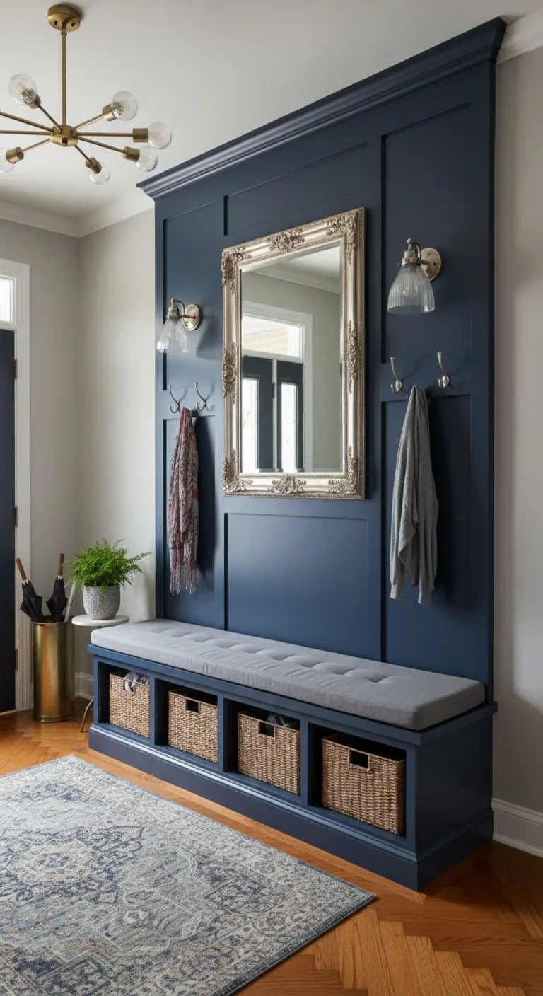 Mobile contenitore blu navy con panca imbottita e specchio dorato.