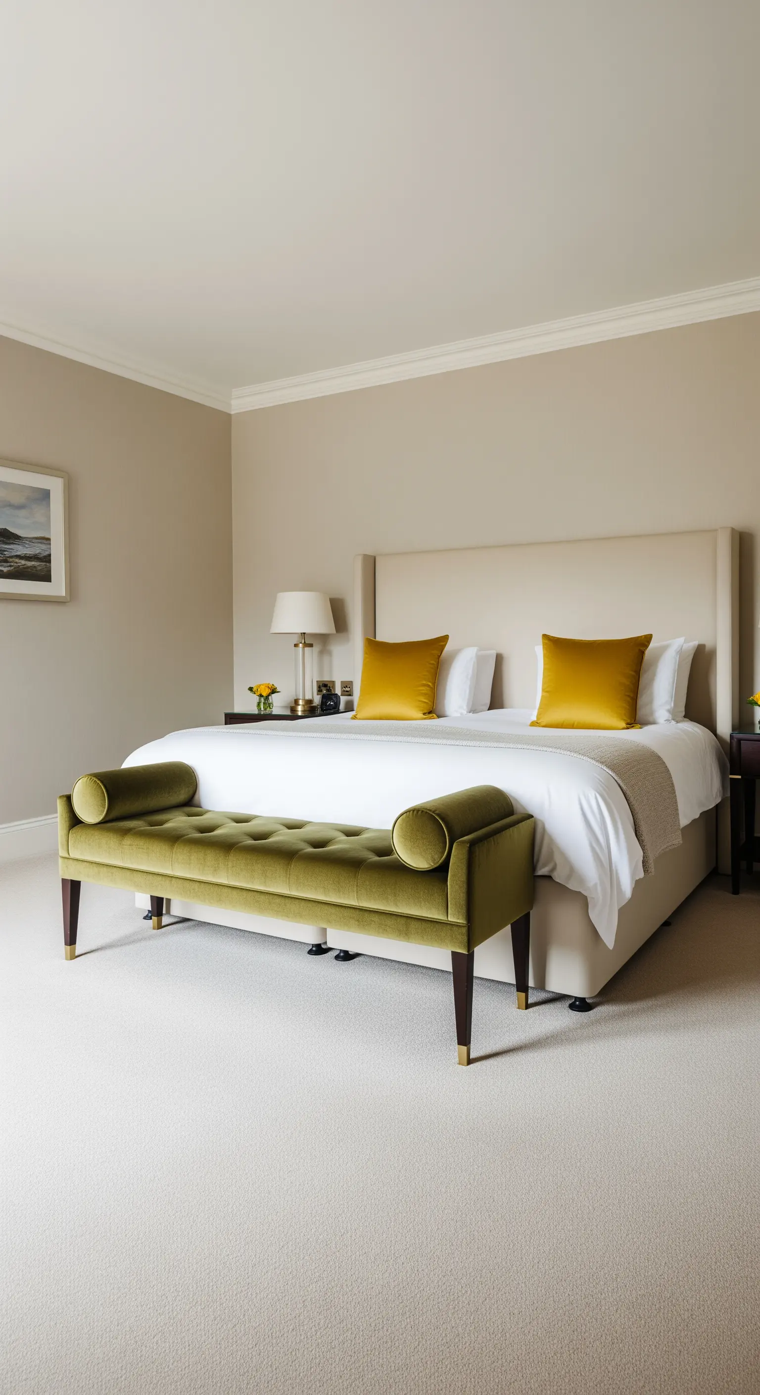 Camera da letto elegante con pareti beige, panca in velluto verde e cuscini senape.