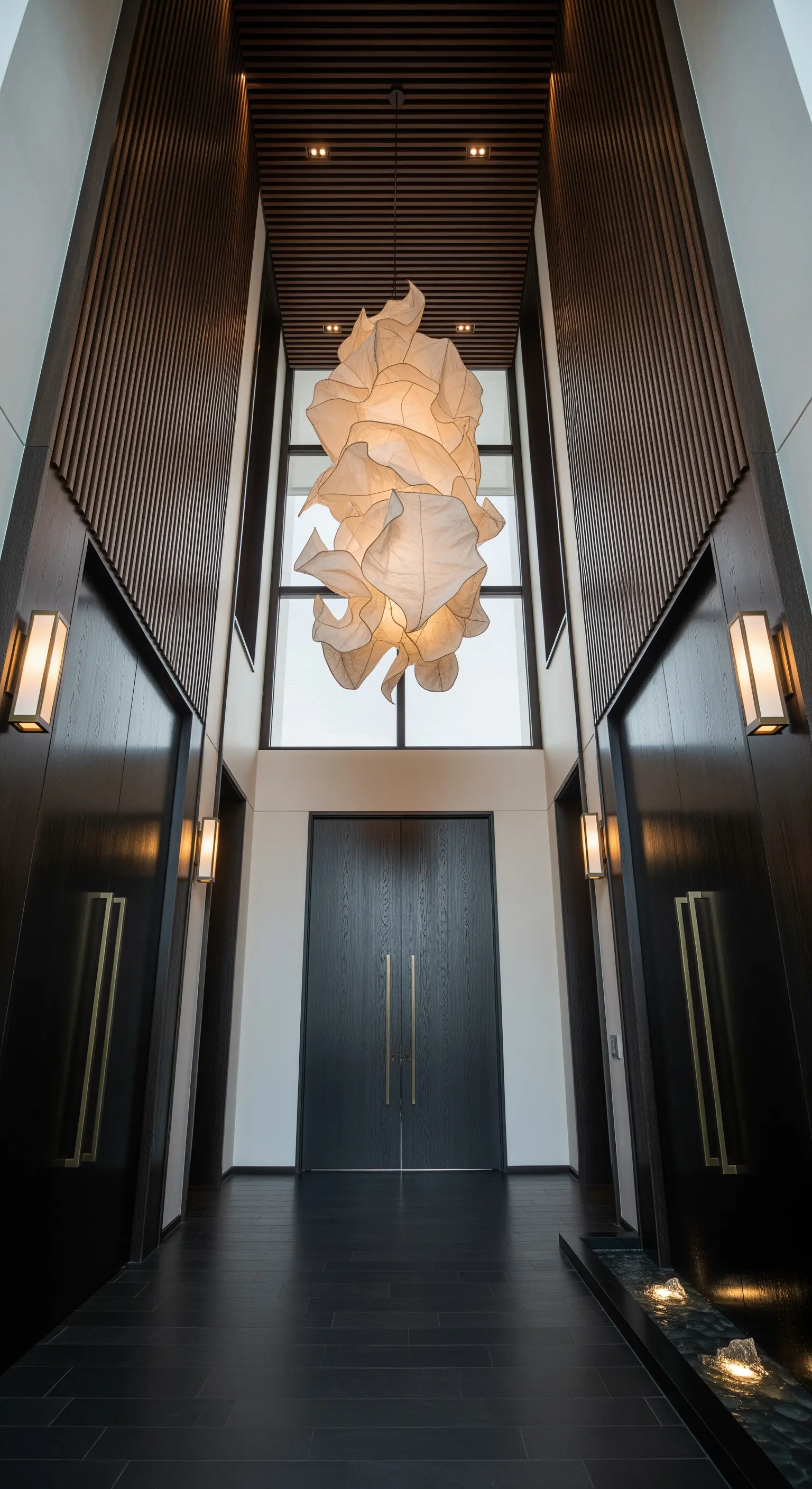 Ingresso moderno con pareti a listelli di legno scuro e un grande lampadario scultoreo in tessuto bianco.