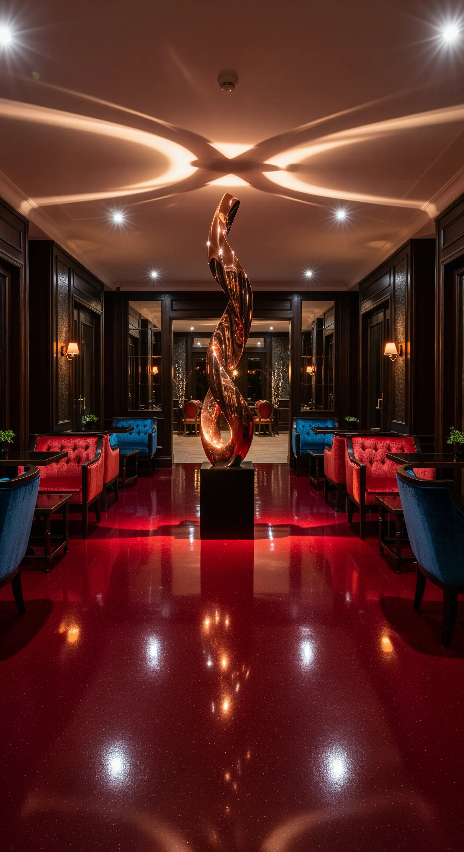 Lounge bar con pavimento rosso lucido, boiserie scura e scultura in bronzo illuminata.