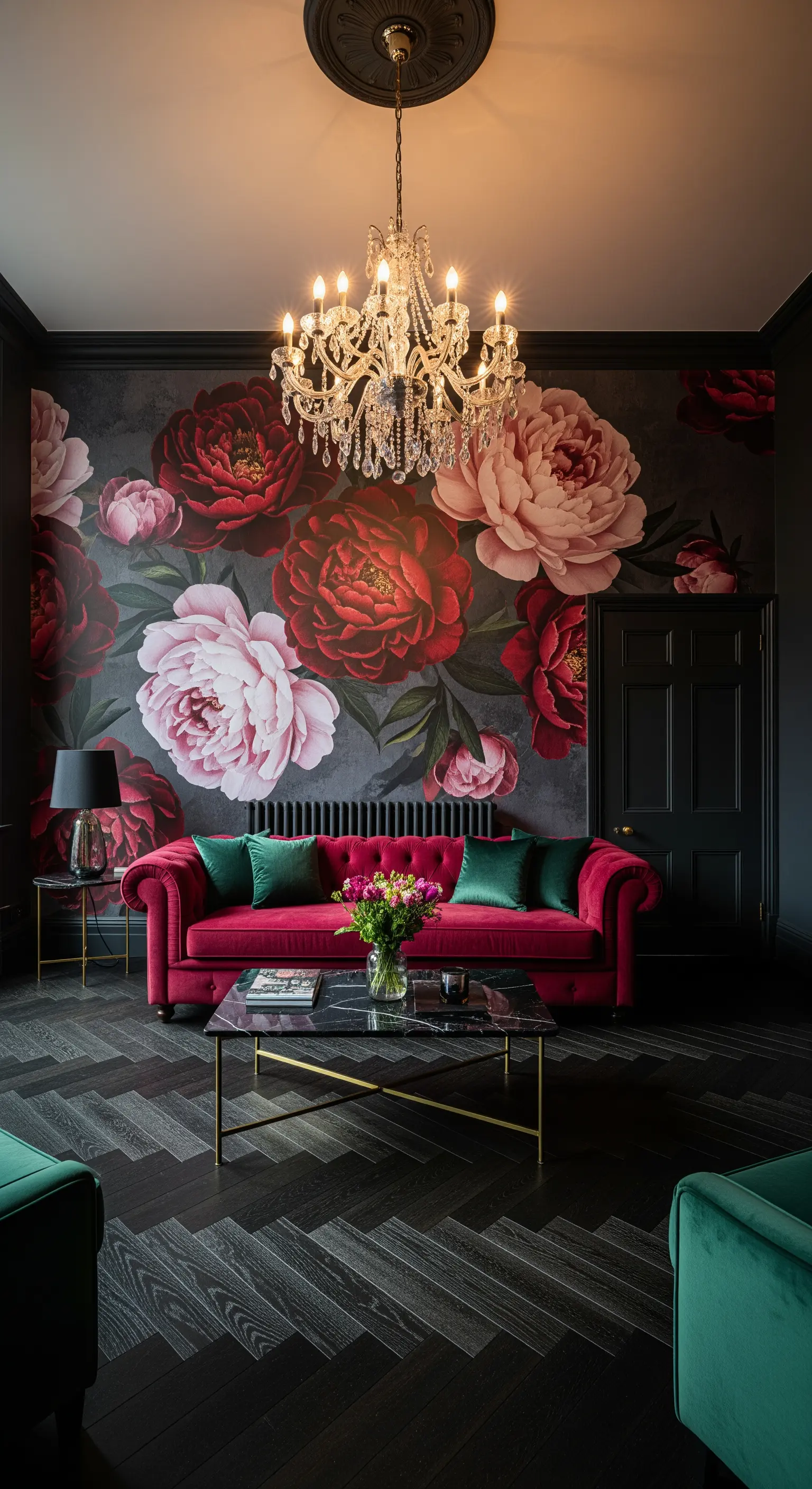 Salotto d'impatto con carta da parati a peonie scure e divano chesterfield magenta.