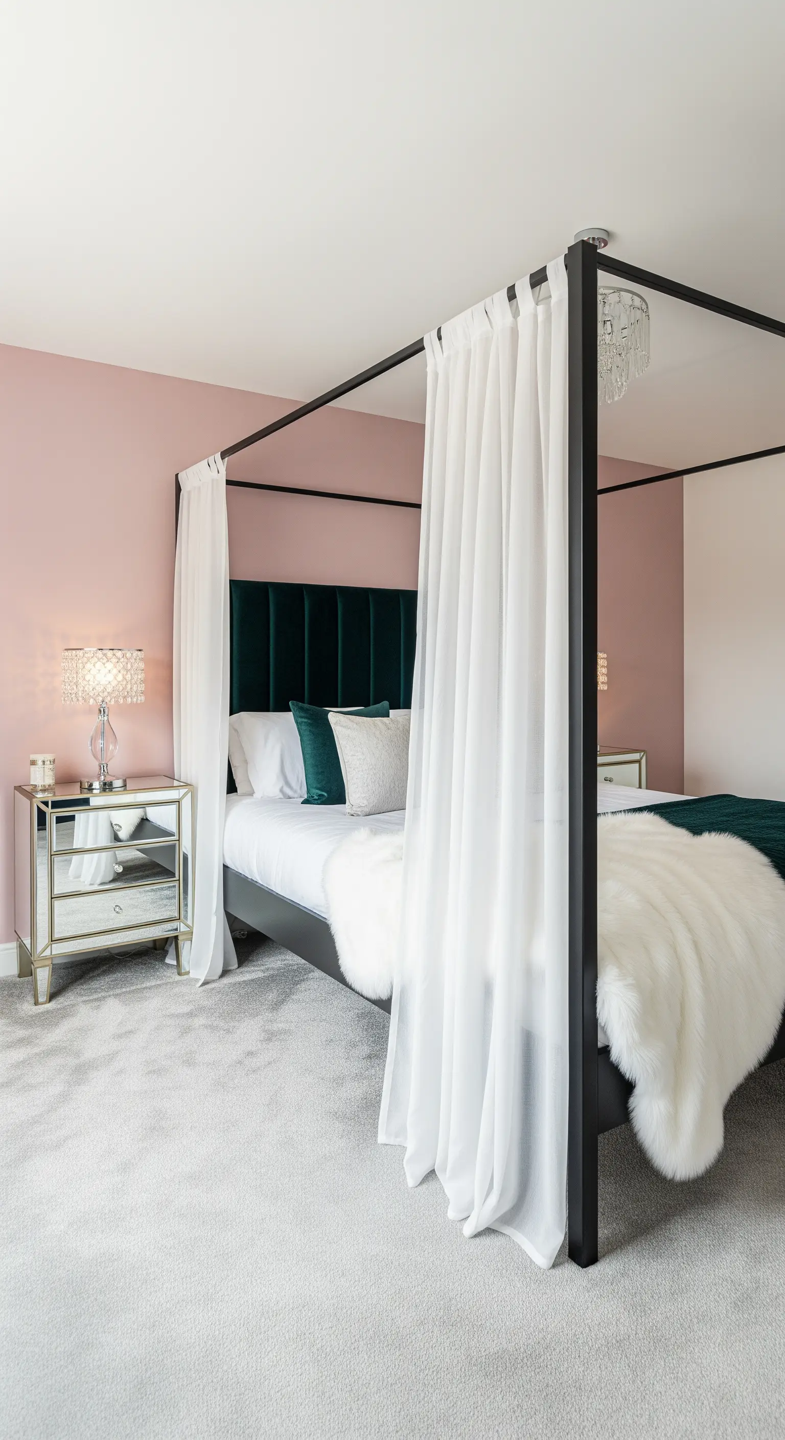Letto a baldacchino nero con tende bianche, testiera in velluto verde e parete rosa.