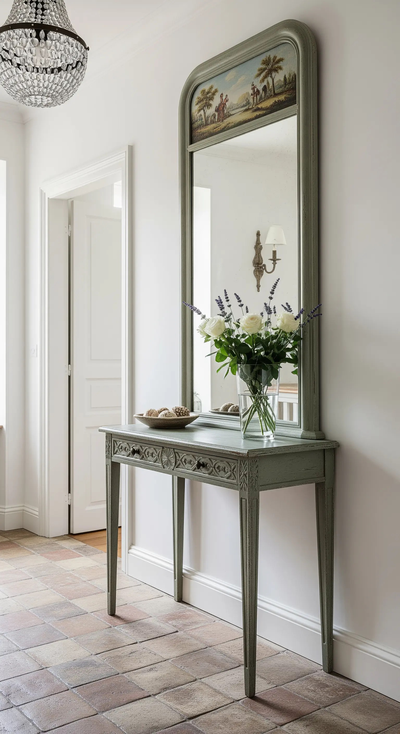 Consolle e specchio coordinati in verde salvia, con pavimento in cotto e un vaso di rose bianche.