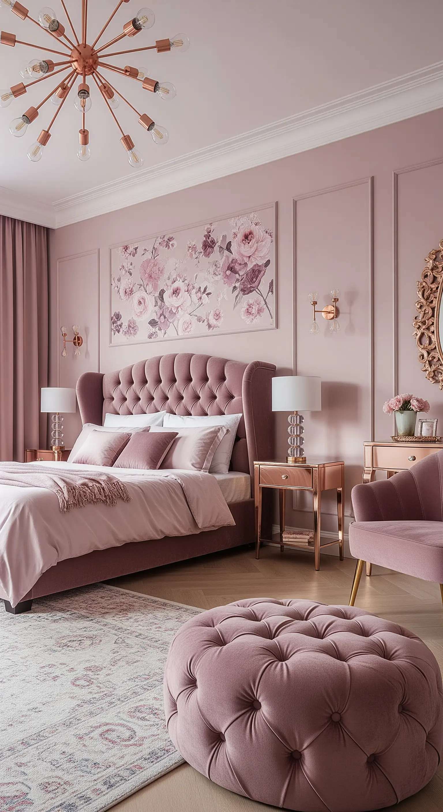 Camera da letto lussuosa con pareti e arredi in velluto rosa antico.