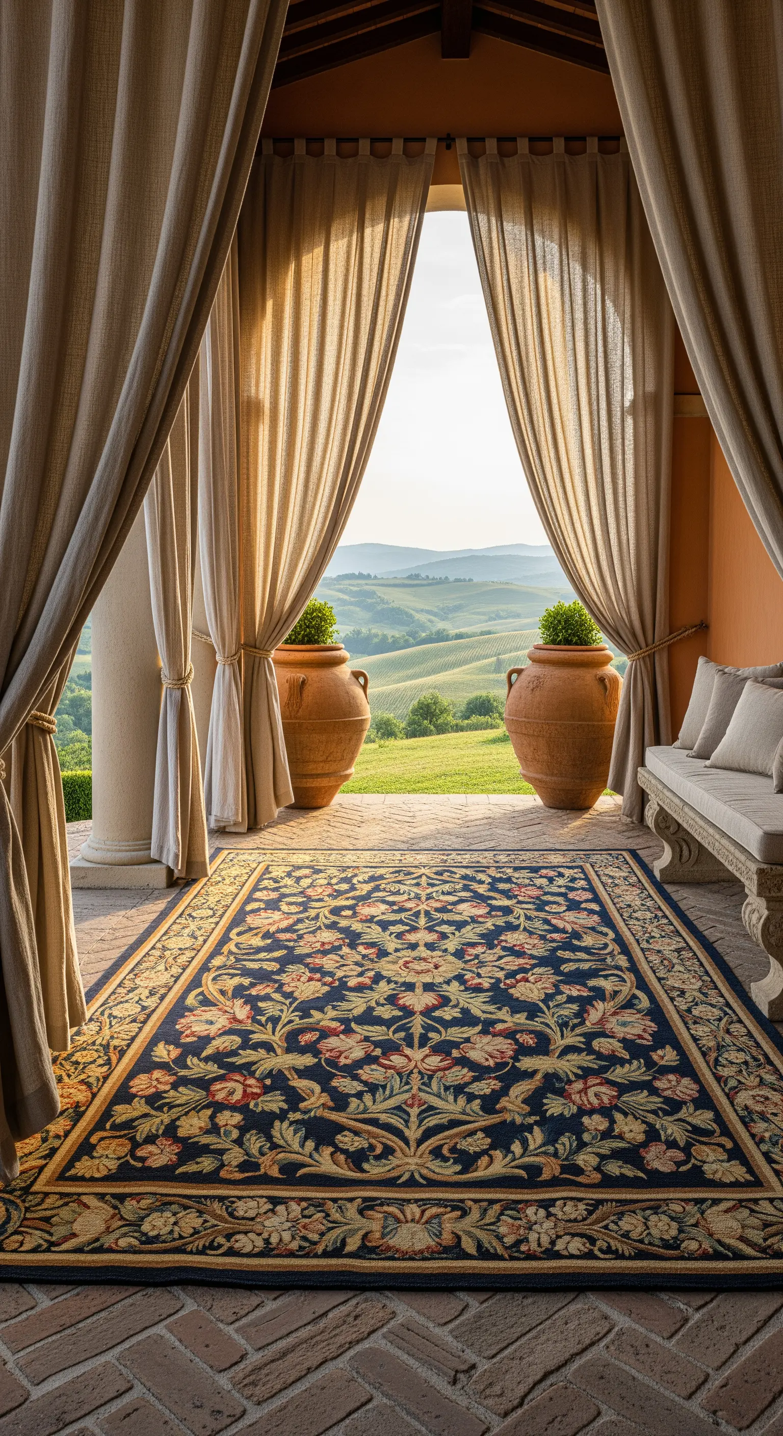 Terrazza in stile toscano con grande tappeto floreale blu, tende color lino e vasi in terracotta.