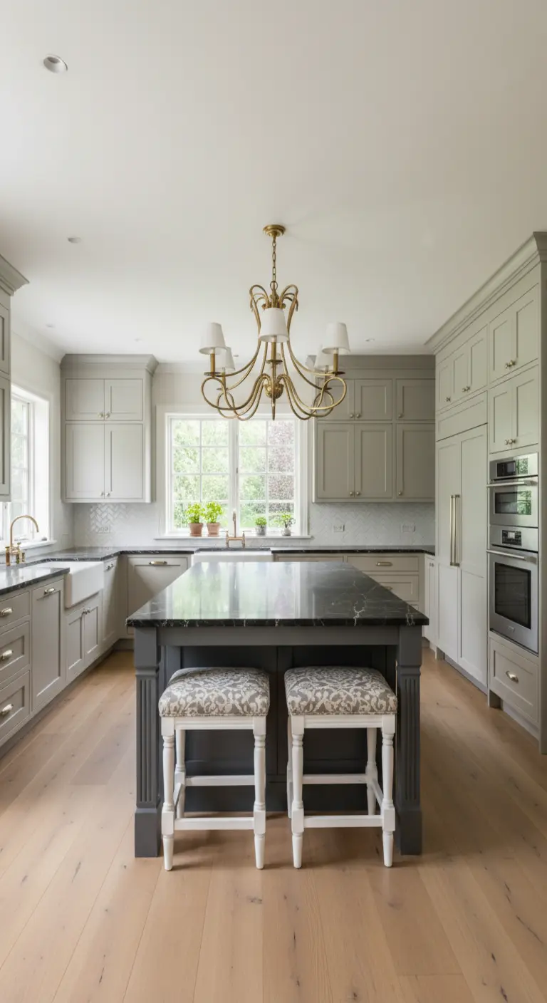 Cucina tradizionale grigia con isola color antracite, piano in marmo nero e sgabelli fantasia.