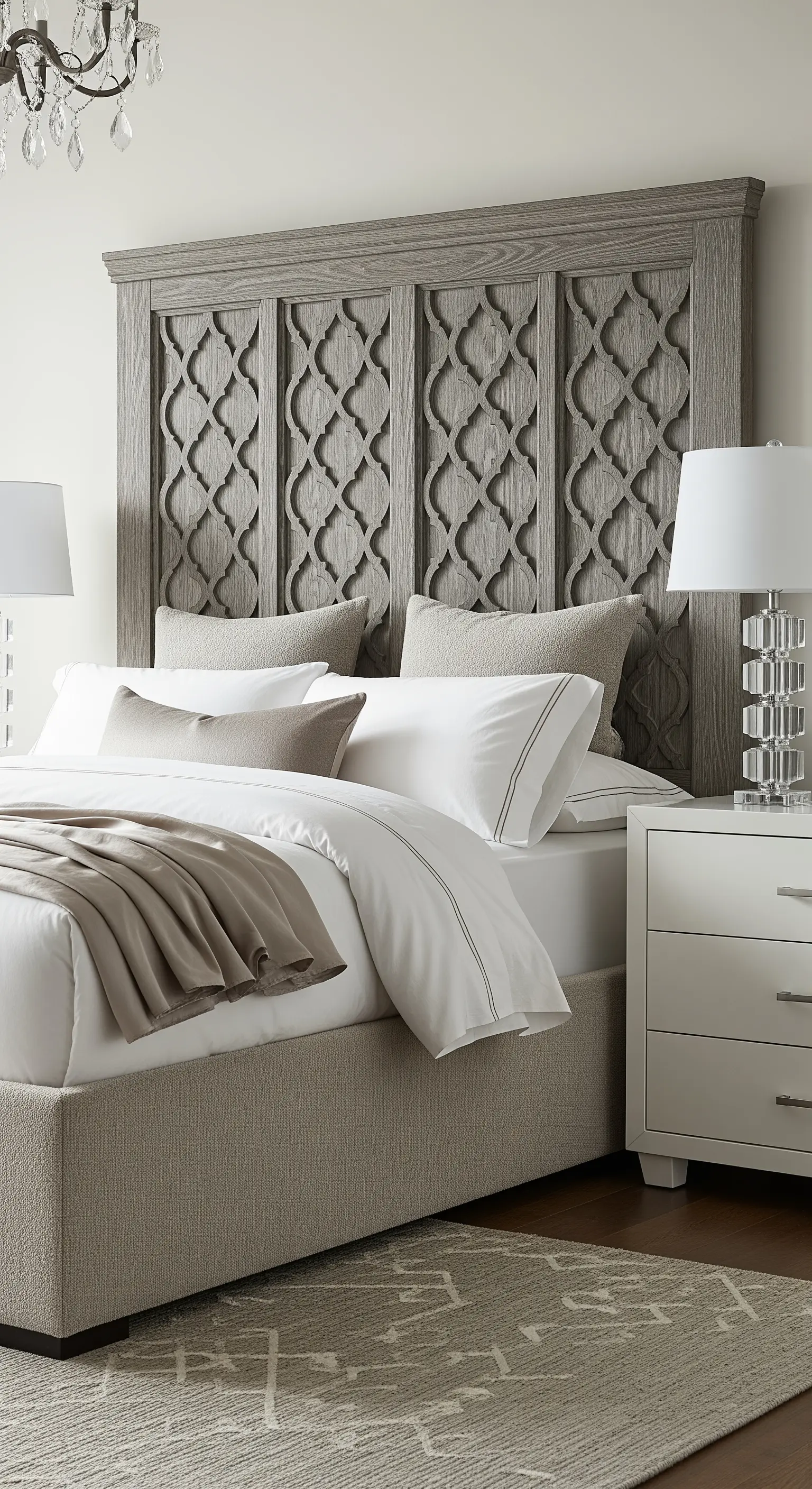 Testiera in legno grigio con un elegante motivo a traliccio intagliato.