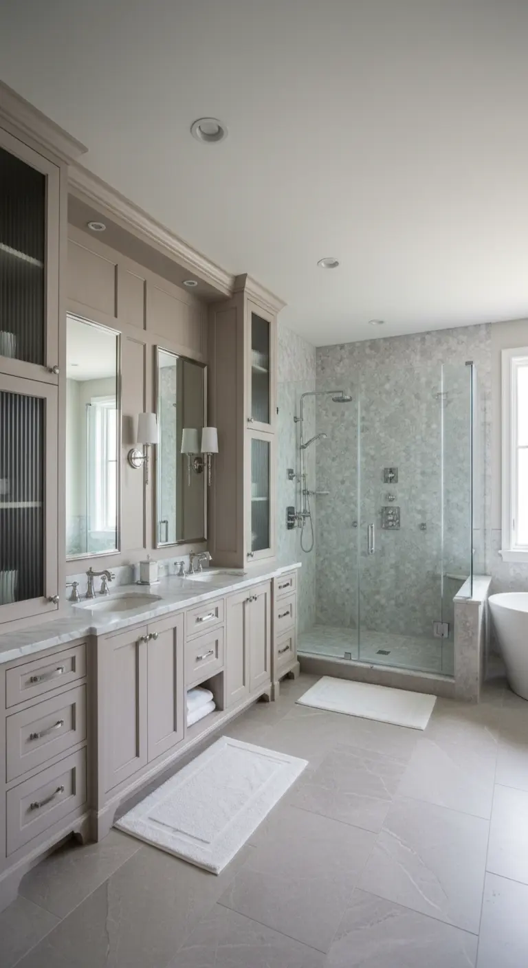 Bagno in stile transizionale con mobili color greige, doccia con piastrelle a mosaico e dettagli in vetro.