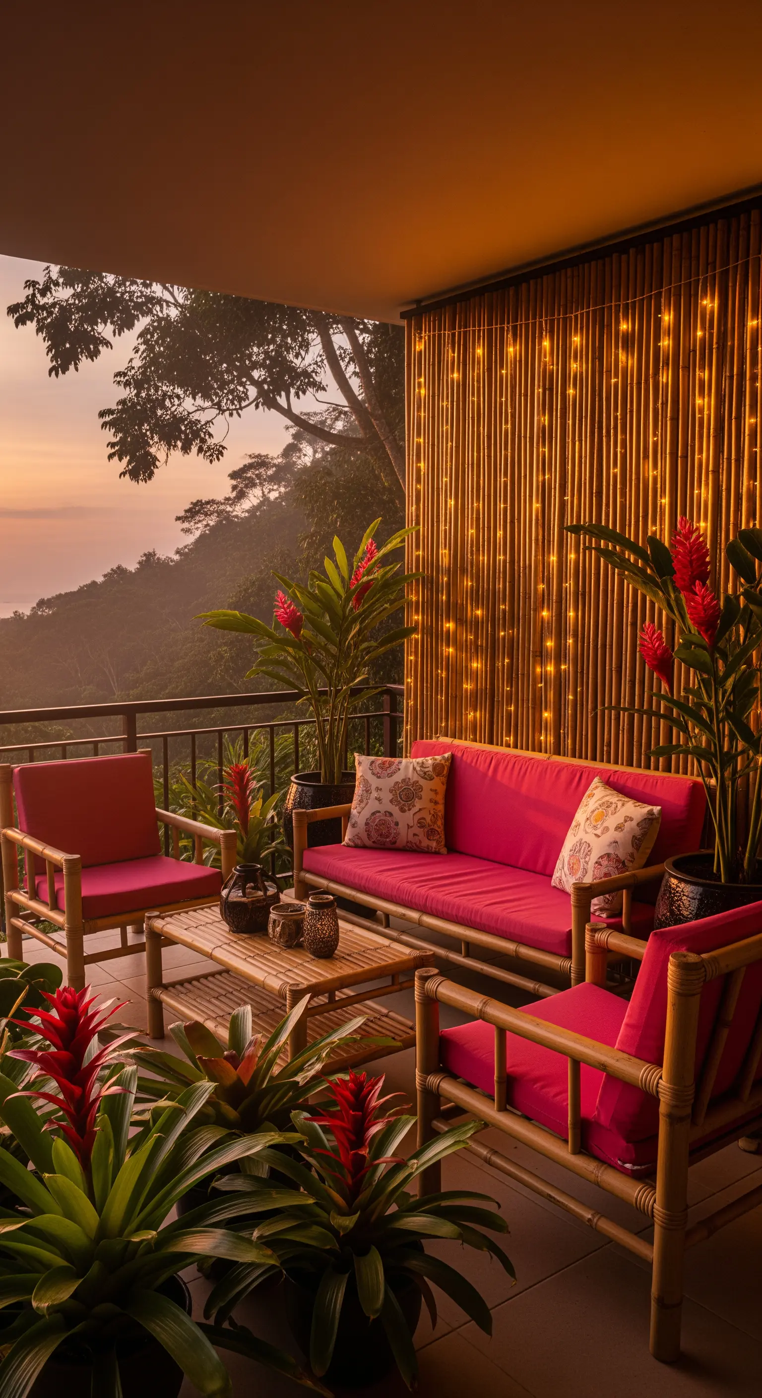 Balcone con parete di bambù illuminata, divano con cuscini fucsia e piante tropicali al tramonto