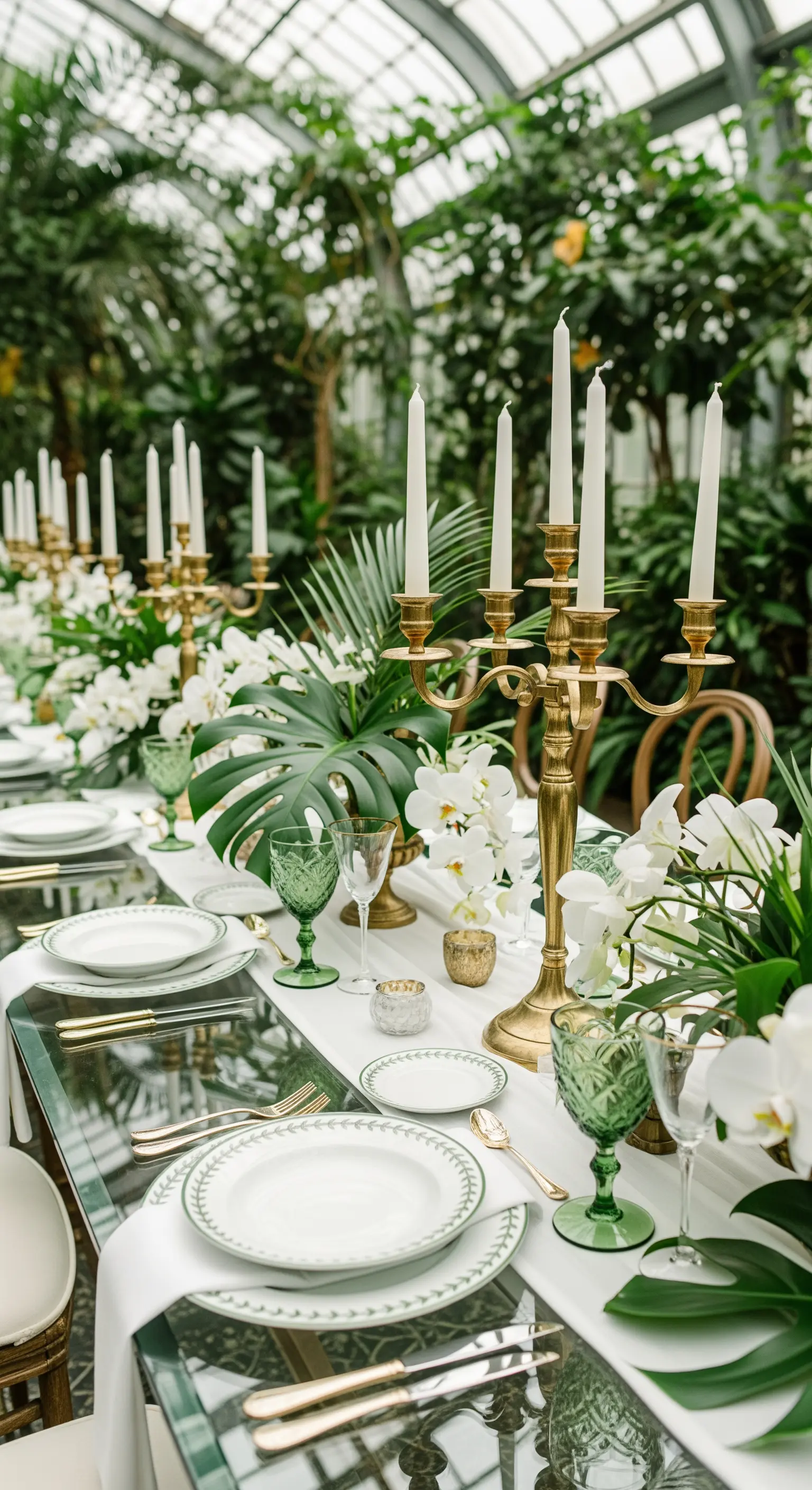 Tavola in una serra con foglie di Monstera, orchidee bianche e bicchieri verdi.