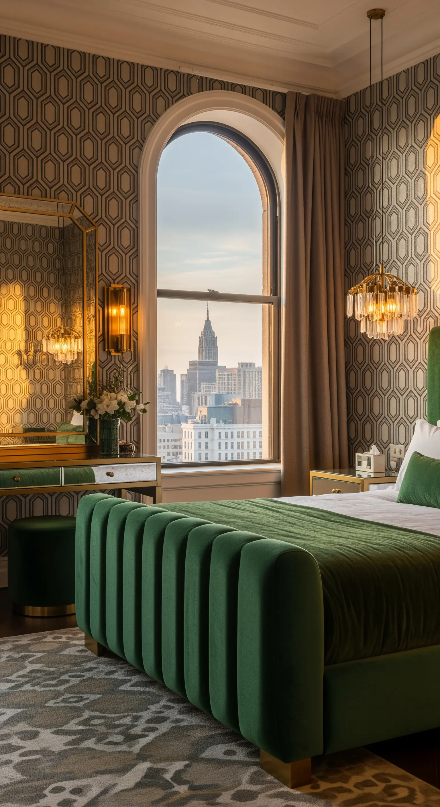 Camera da letto Art Deco con letto in velluto verde e finestra ad arco su un grattacielo.