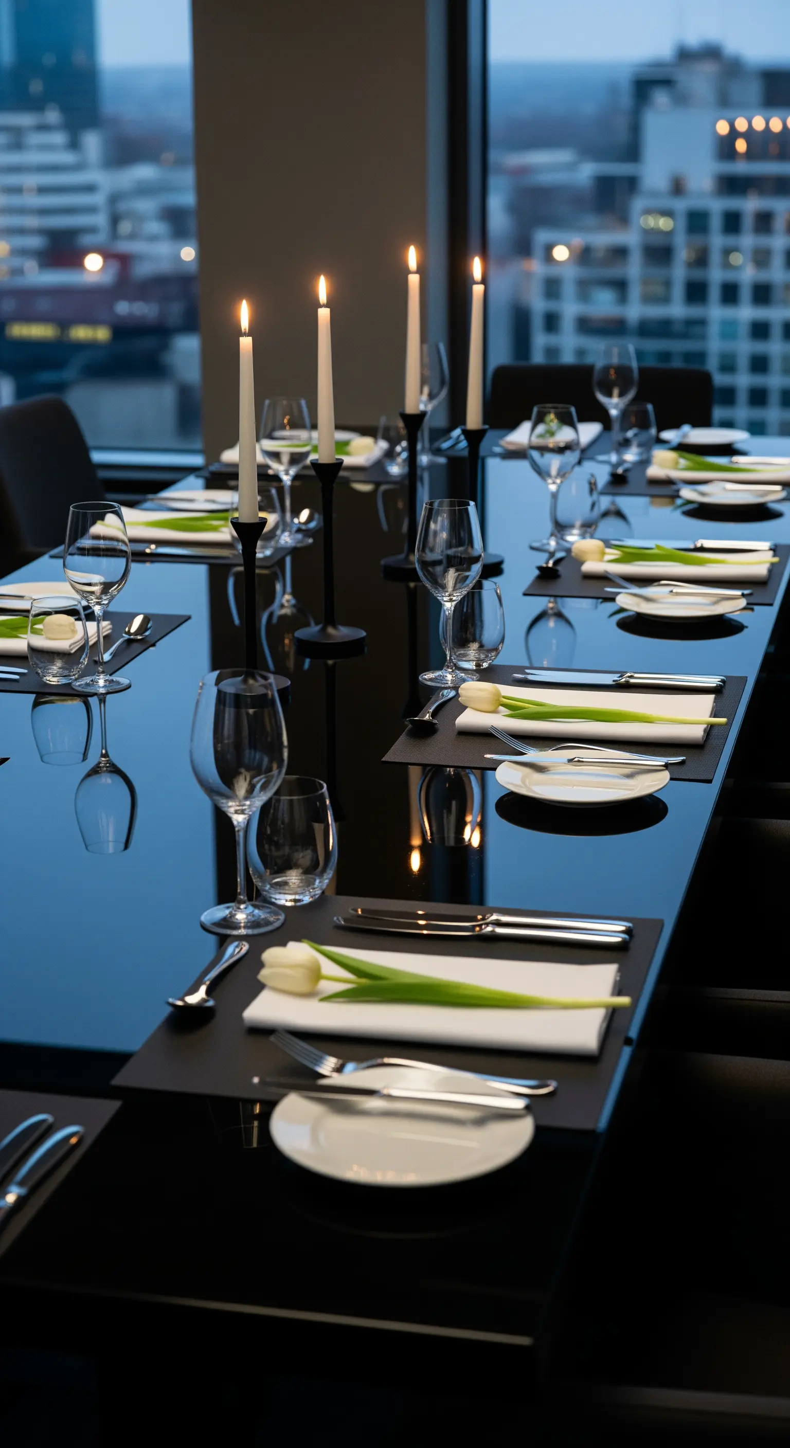 Tavola nera laccata con candele e tulipani bianchi, con vista su una città di notte.