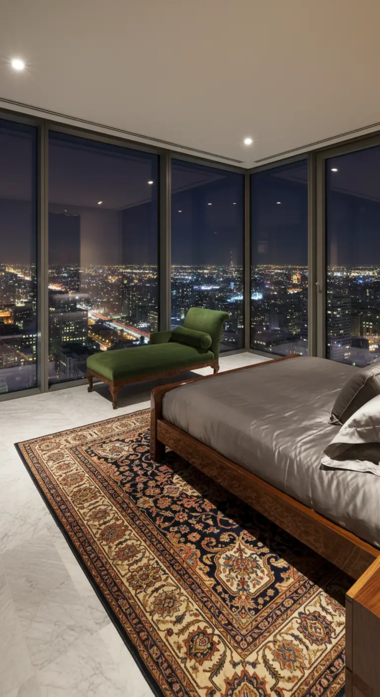 Camera da letto moderna con vista sulla città, pavimento in marmo e tappeto persiano.
