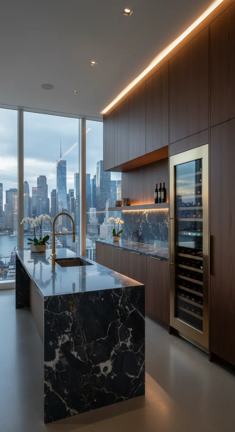 Cucina di lusso con vista sulla città, isola in marmo nero e cantinetta per il vino.