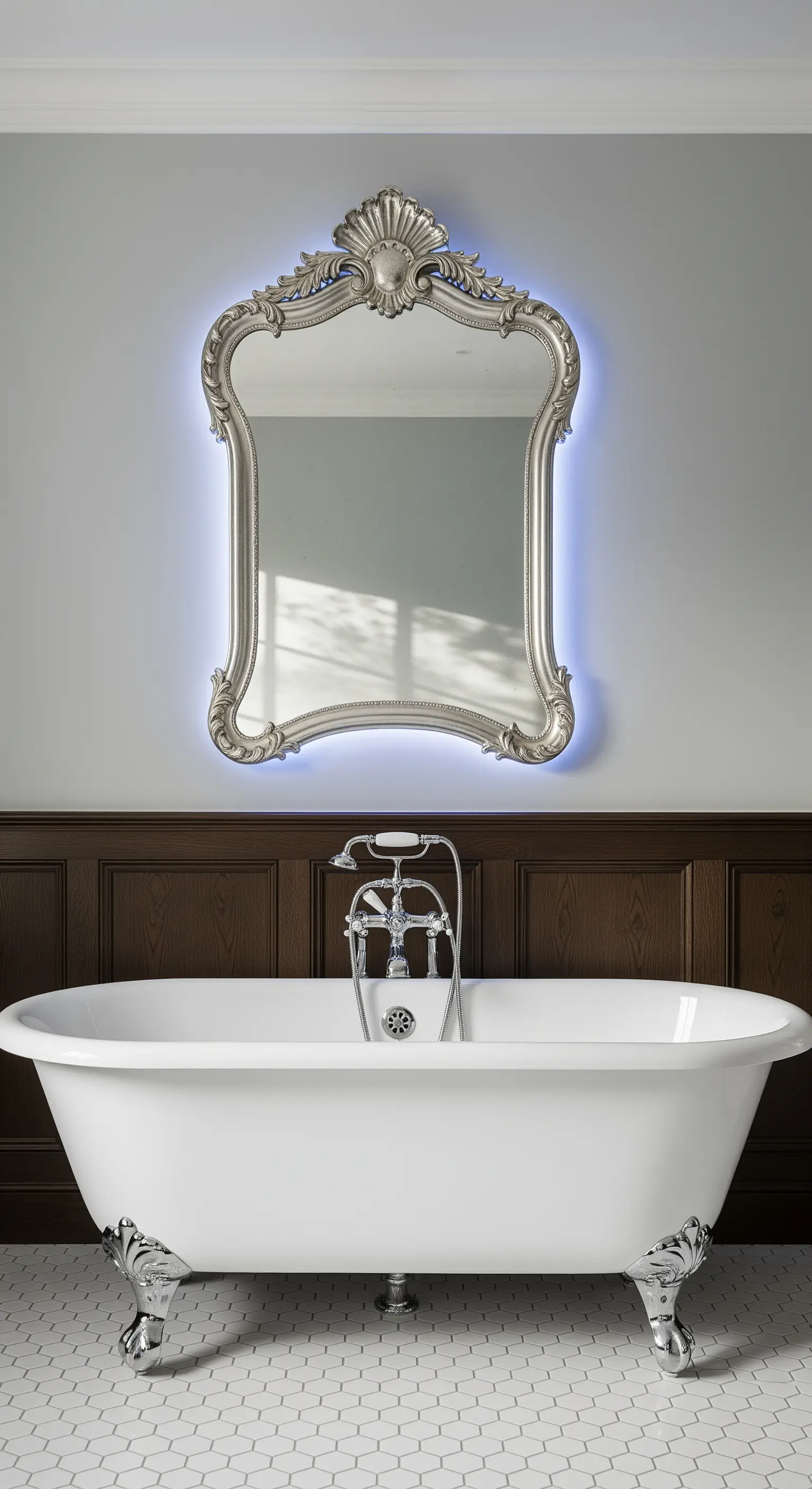 Specchio con cornice argentata e retroilluminazione blu sopra una vasca da bagno rétro.