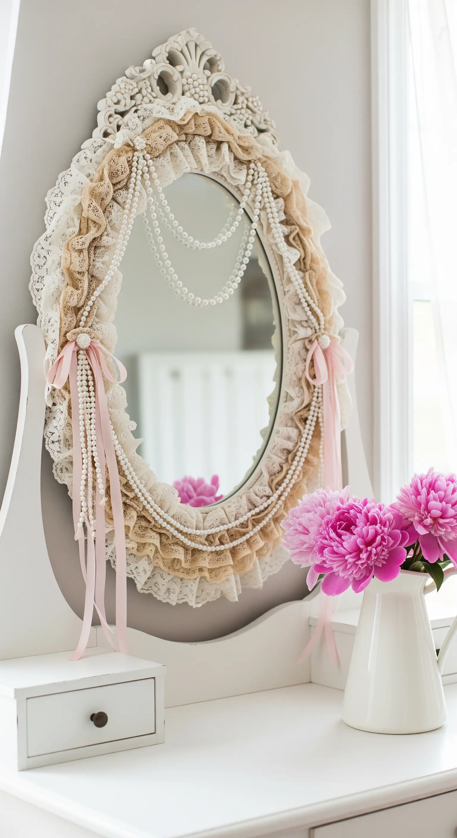 Specchio ovale decorato con pizzi, nastri rosa e fili di perle, appoggiato su una toeletta bianca.