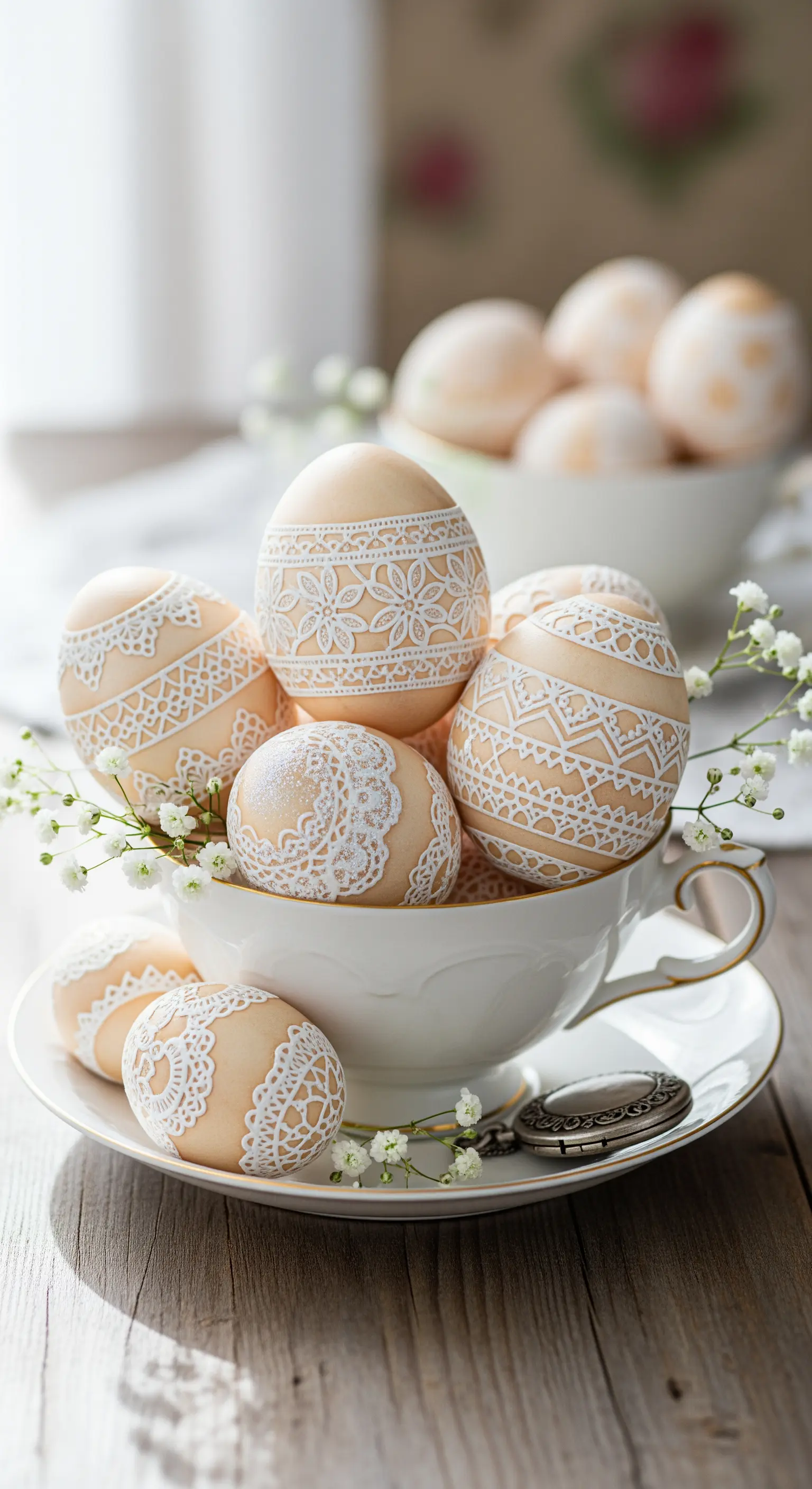 Uova color crema decorate con motivi di pizzo bianco realizzati con vernice a rilievo.