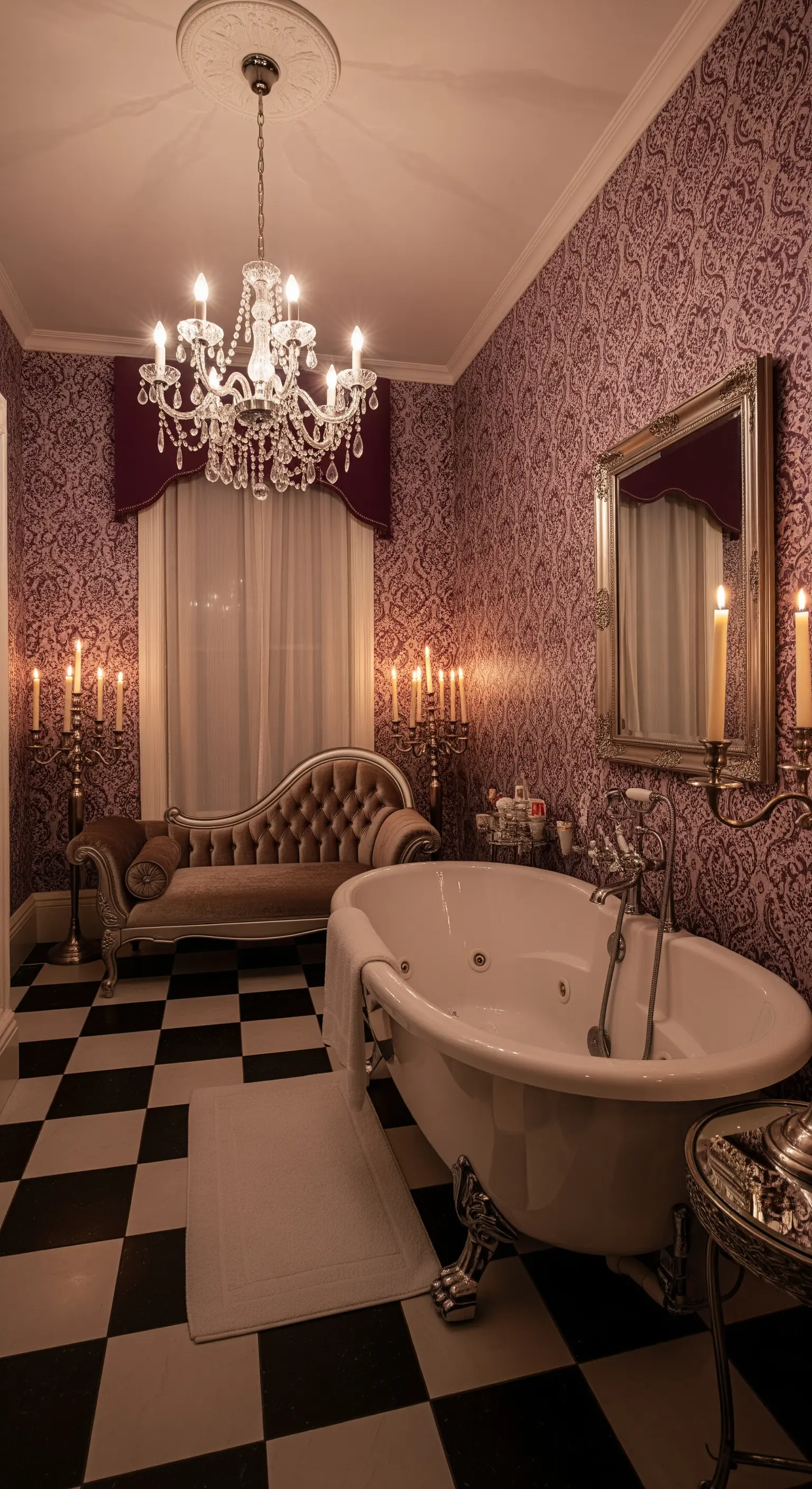 Bagno vittoriano con carta da parati damascata, vasca freestanding e candelabri.
