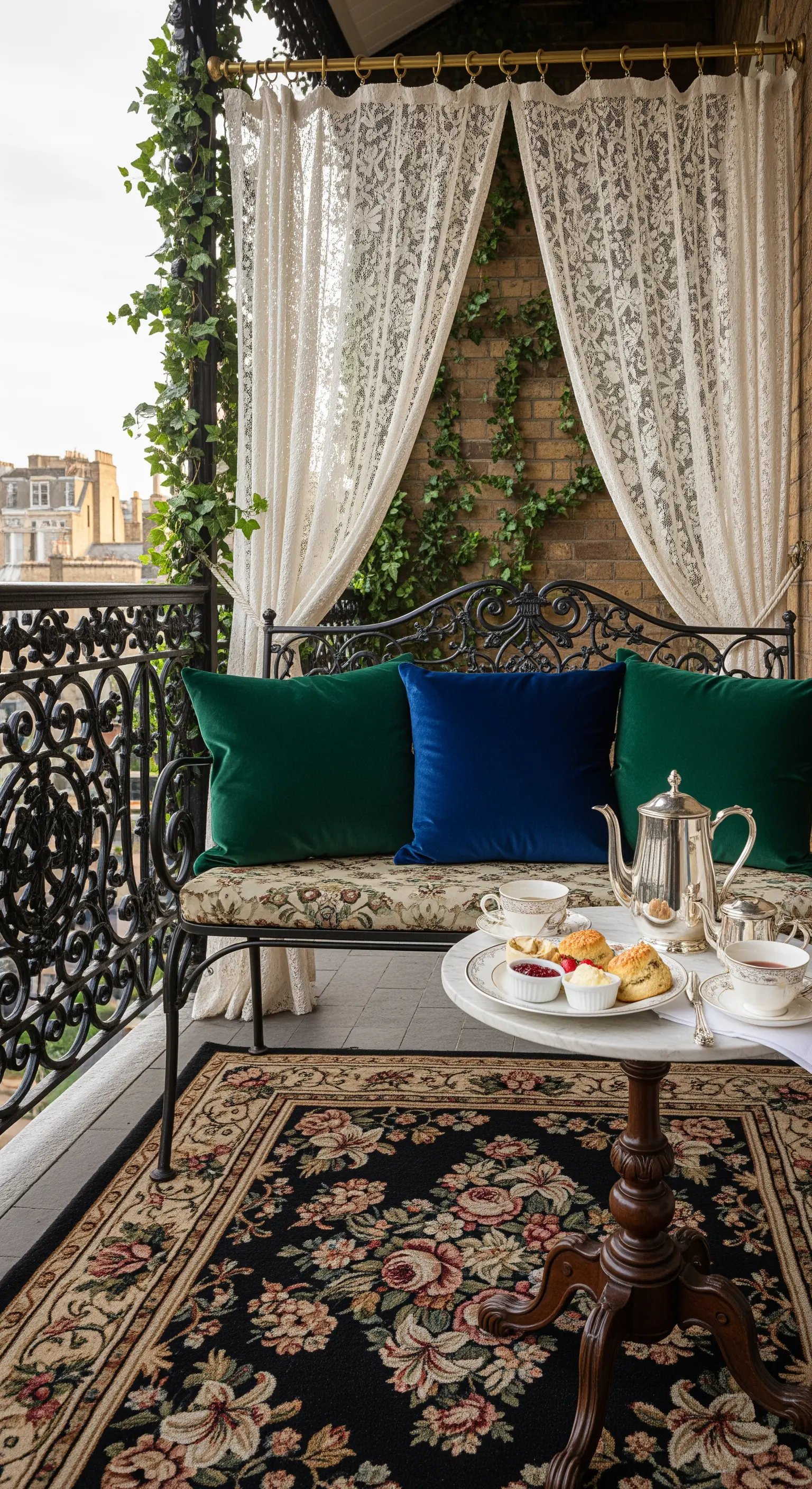 Balcone classico con panca in ferro battuto, tende in pizzo e cuscini in velluto su tappeto scuro.
