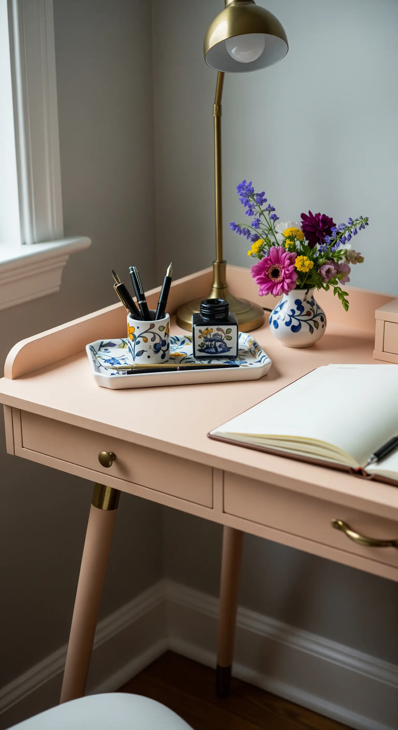 Scrivania rosa con vassoio e portapenne in ceramica dipinta a mano e un vaso di fiori.