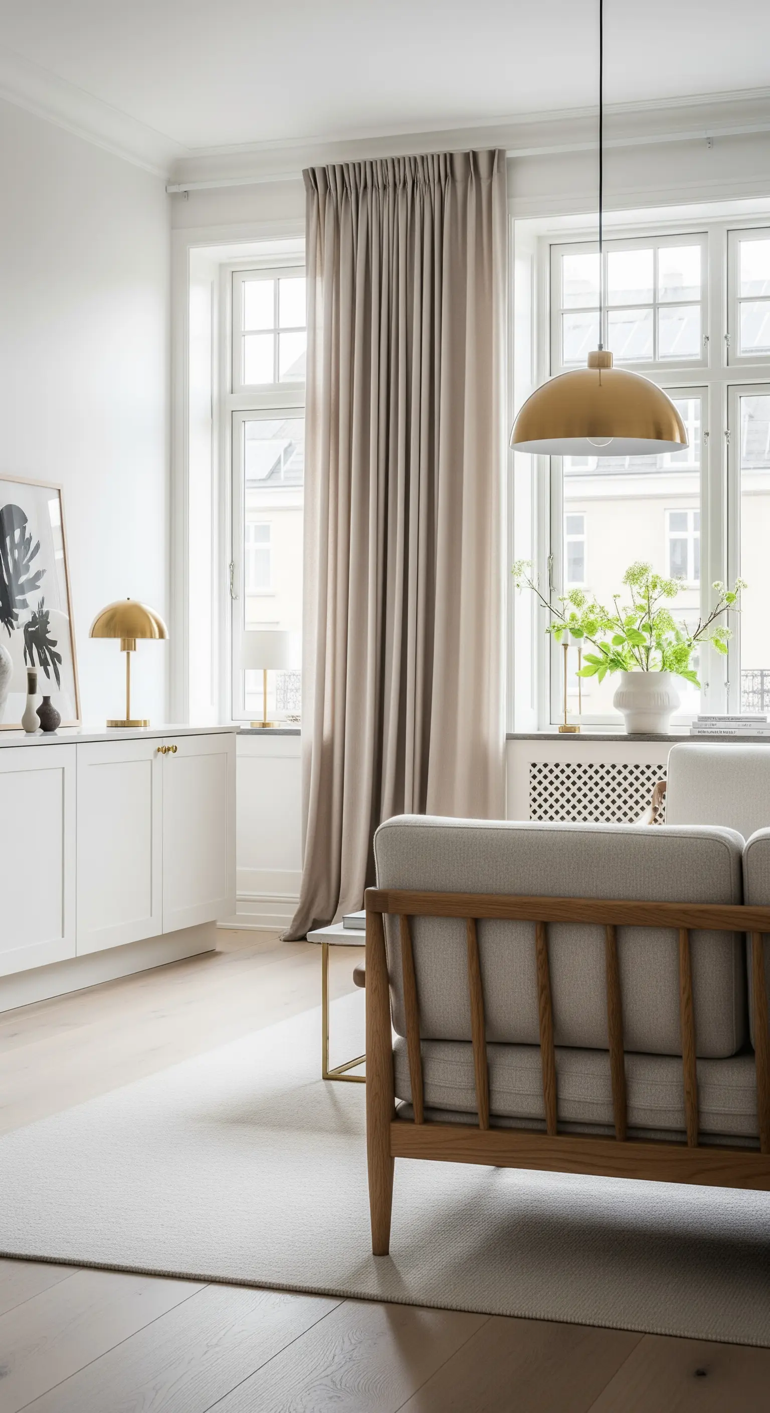 Salotto scandinavo con dettagli in ottone su lampade e mobili, e tende color beige.