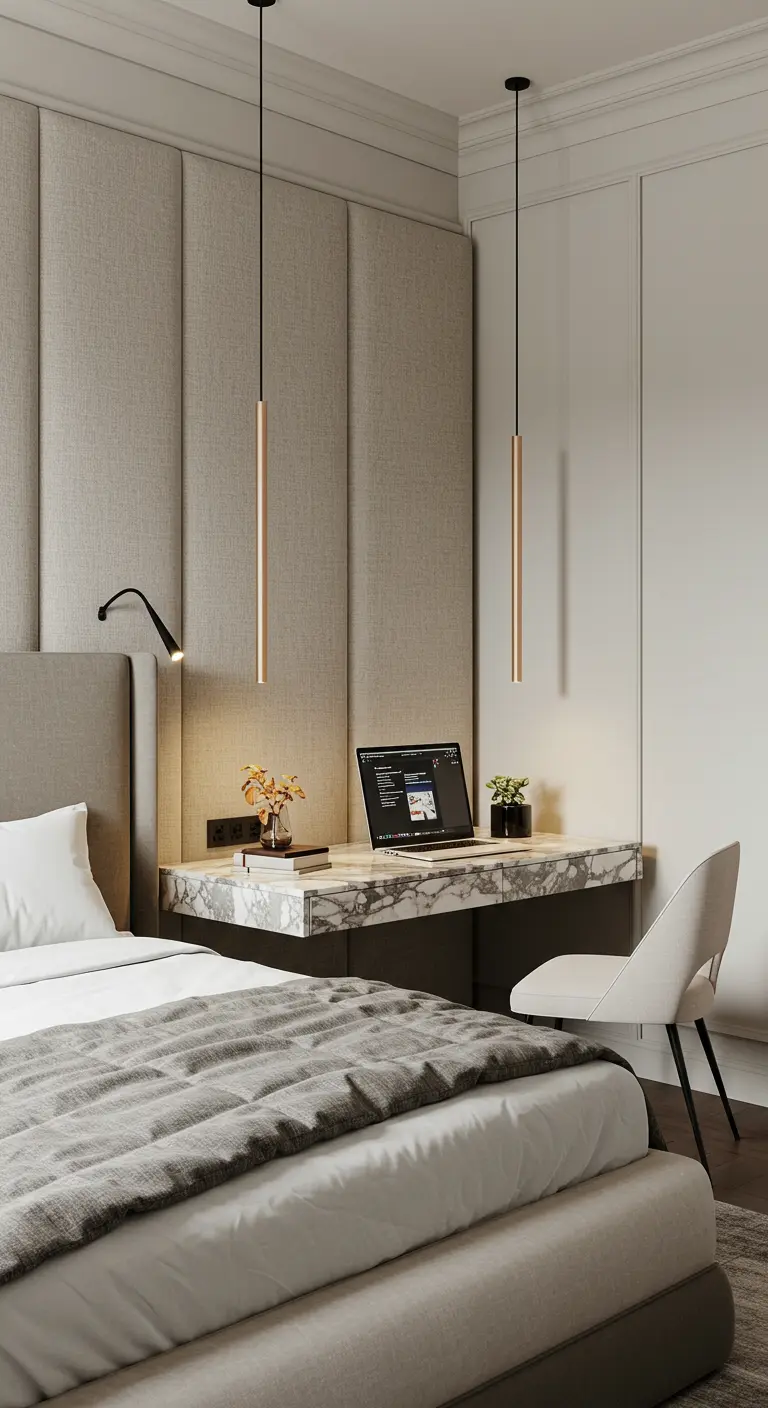 Scrivania sospesa con piano in marmo e luci pendenti in una camera da letto sofisticata.