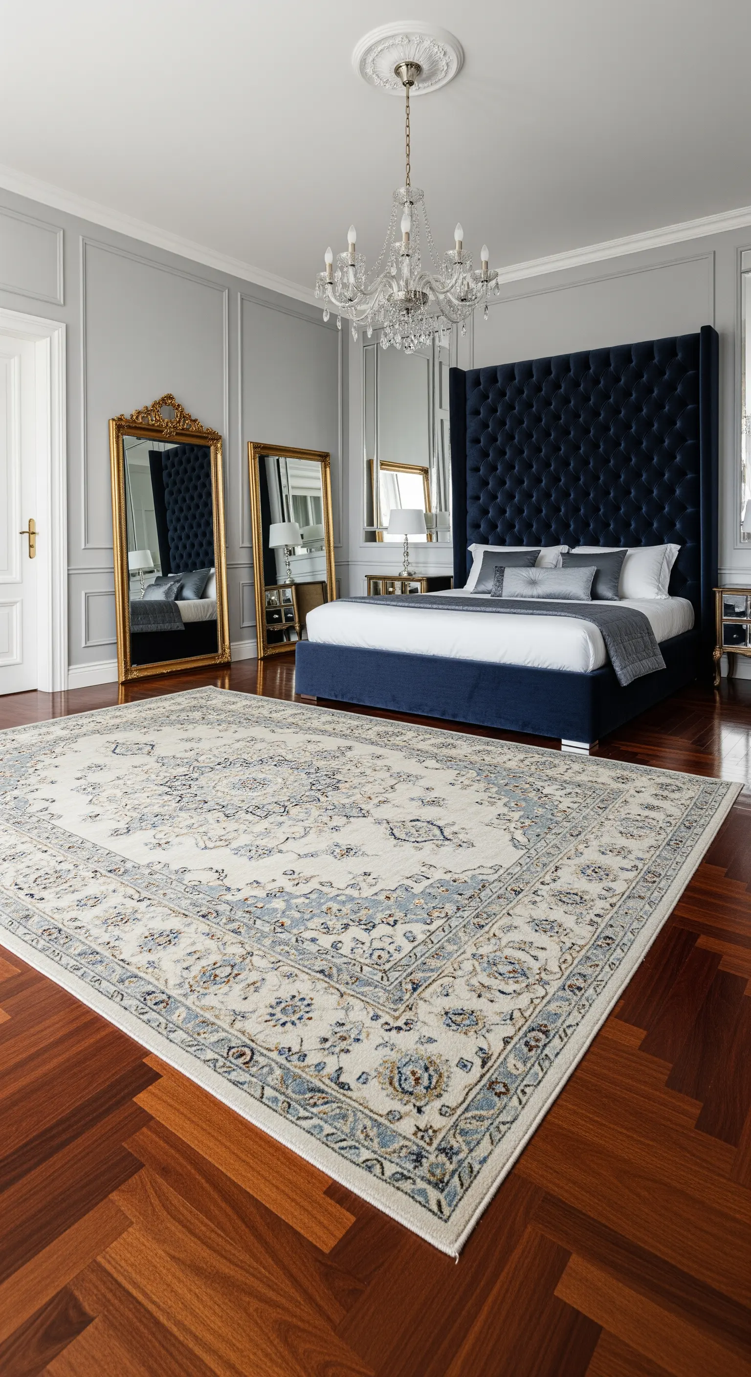 Letto con testiera capitonné blu e tappeto persiano chiaro in una camera classica