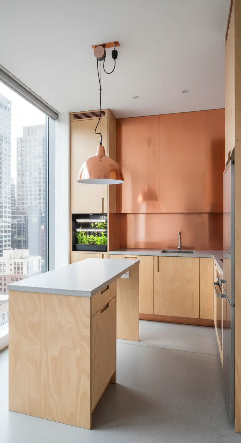 Cucina compatta con mobili in multistrato e un'intera parete rivestita in rame lucido.